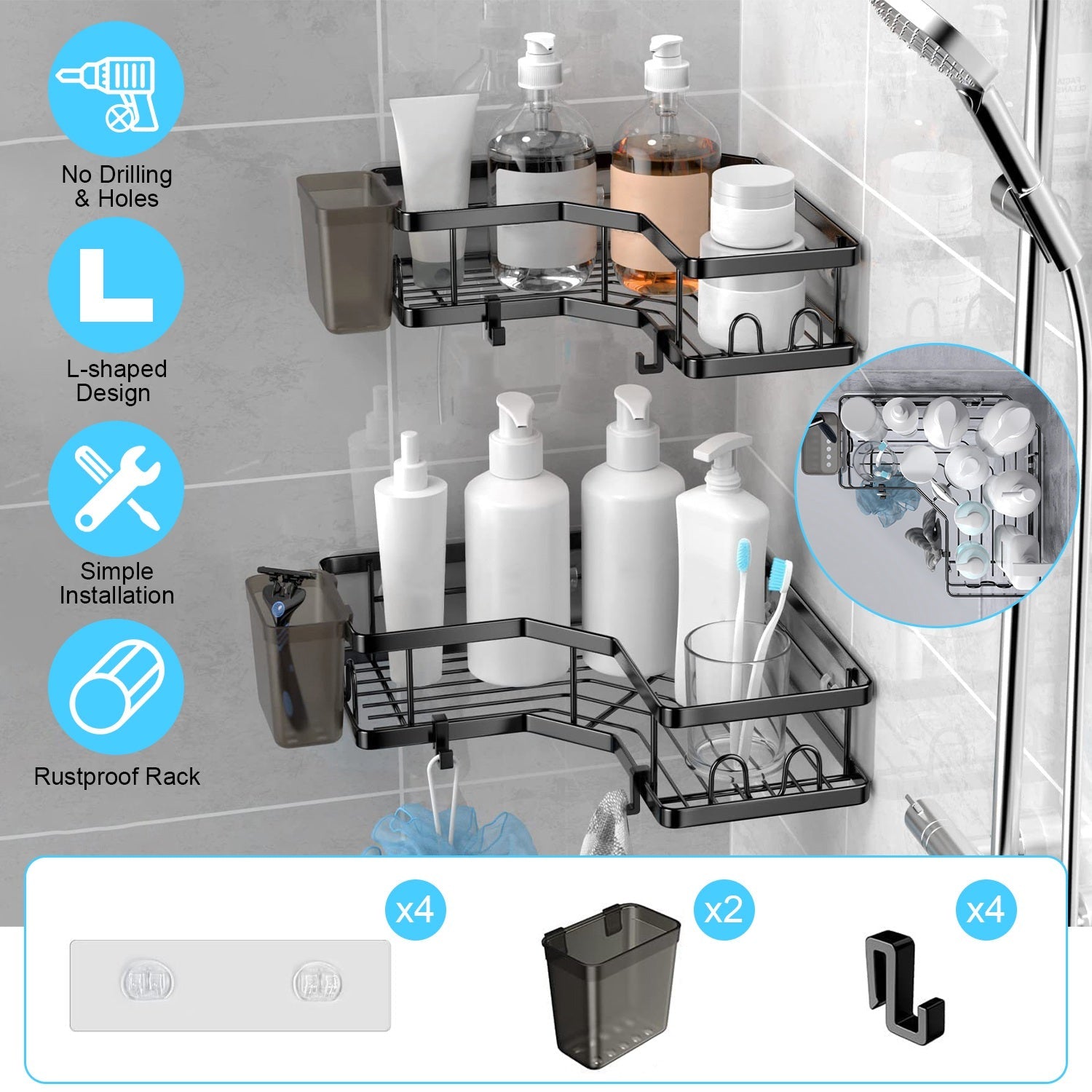 2Pcs Corner Shower Caddy Anti-Rust Soap Holder Hanging Hook No Drilling Adhesive Shower Organizer Corner Shelves Bathroom Kitchen
