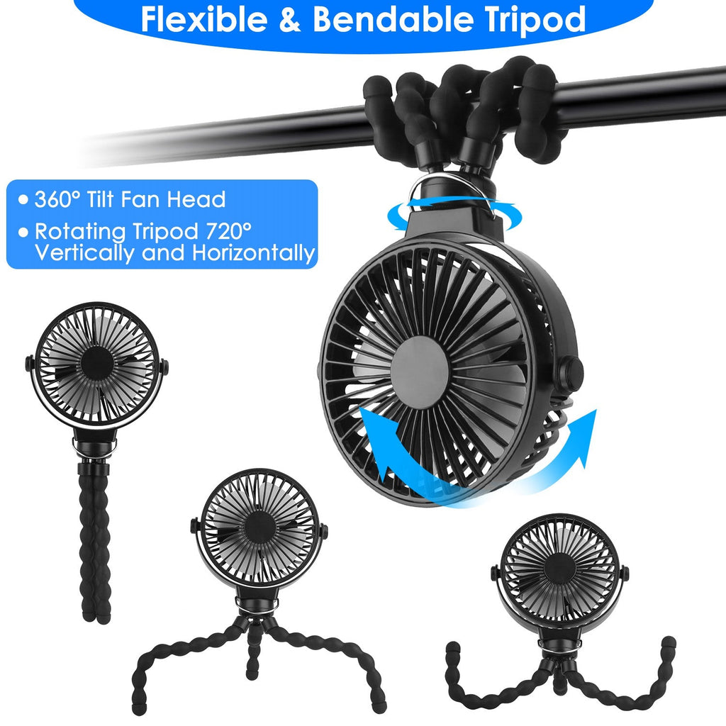 Portable Baby Stroller Fan Rechargeable Handheld Fan with Flexible Tripod Clip On Desktop Hanging Fan 3 Gear Speed 360¡ Tilt Head