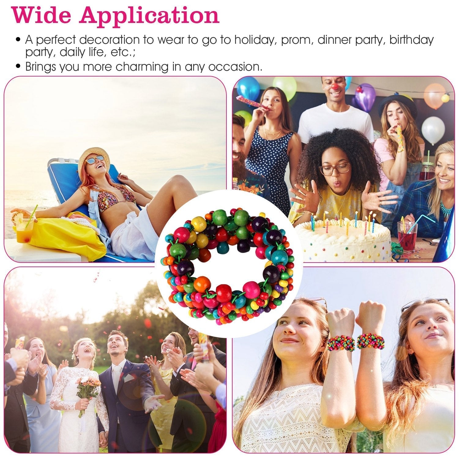 Multi-Color Wooden Beaded Stretchy Bracelet Colorful Exotic Style Elastic Bracelets For Women Girls Children