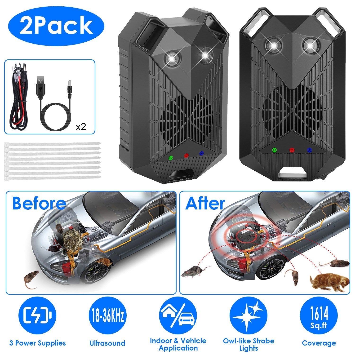 2 Pack Under Hood Ultrasonic Rodent Repeller Rodent Control Deterrent Chaser Blocker for Vehicle Indoor with Strobe Light 3 Power Supplies
