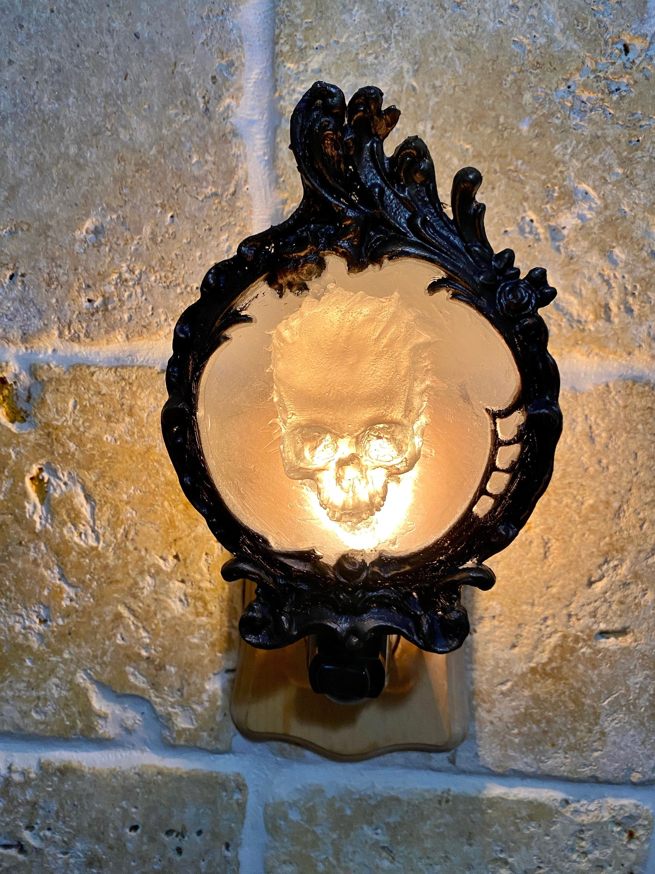 Spectral Skull Nightlight, Hand Painted Resin Sculpture | Victorian Gothic Night Light |  Ghost Skull Lighting for Gothic Fantasy Home Decor