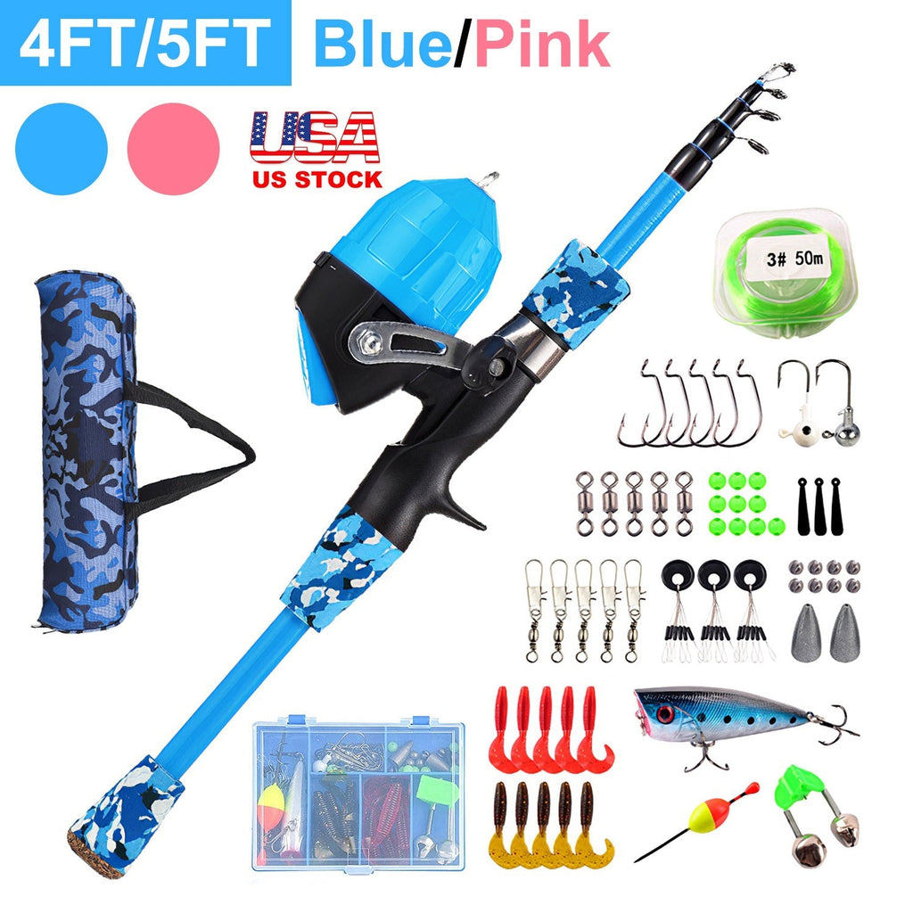 Kids Fishing Pole Set Fishing Starter Kit Telescopic Fishing Rod and Reel Combo Kit with Tackle Box 56Pcs Fishing Lures for Boys Girls