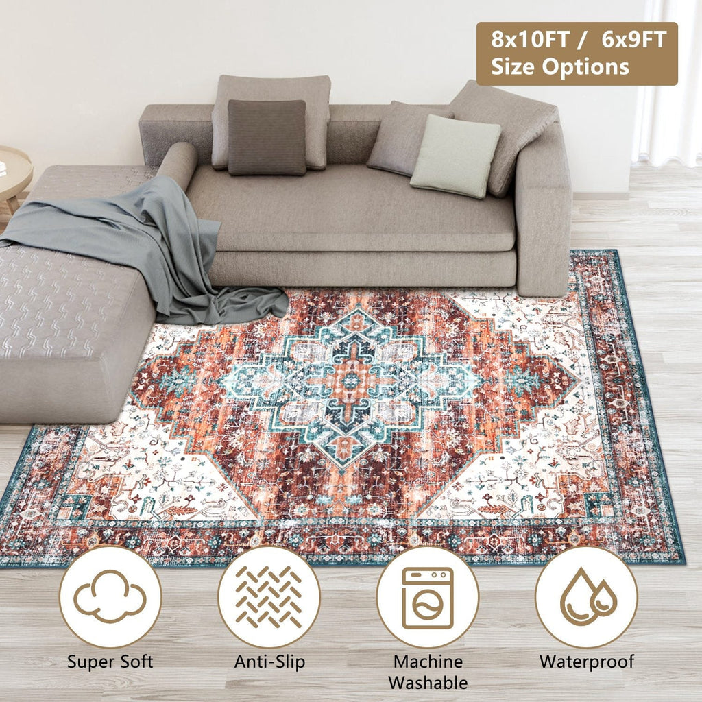 6x9FT VintageÊArea Rug Modern Non Slip Carpet Boho Low Pile Soft Rug Waterproof Machine Washable Rug for Living Room BedroomÊKitchen Dining Room Under