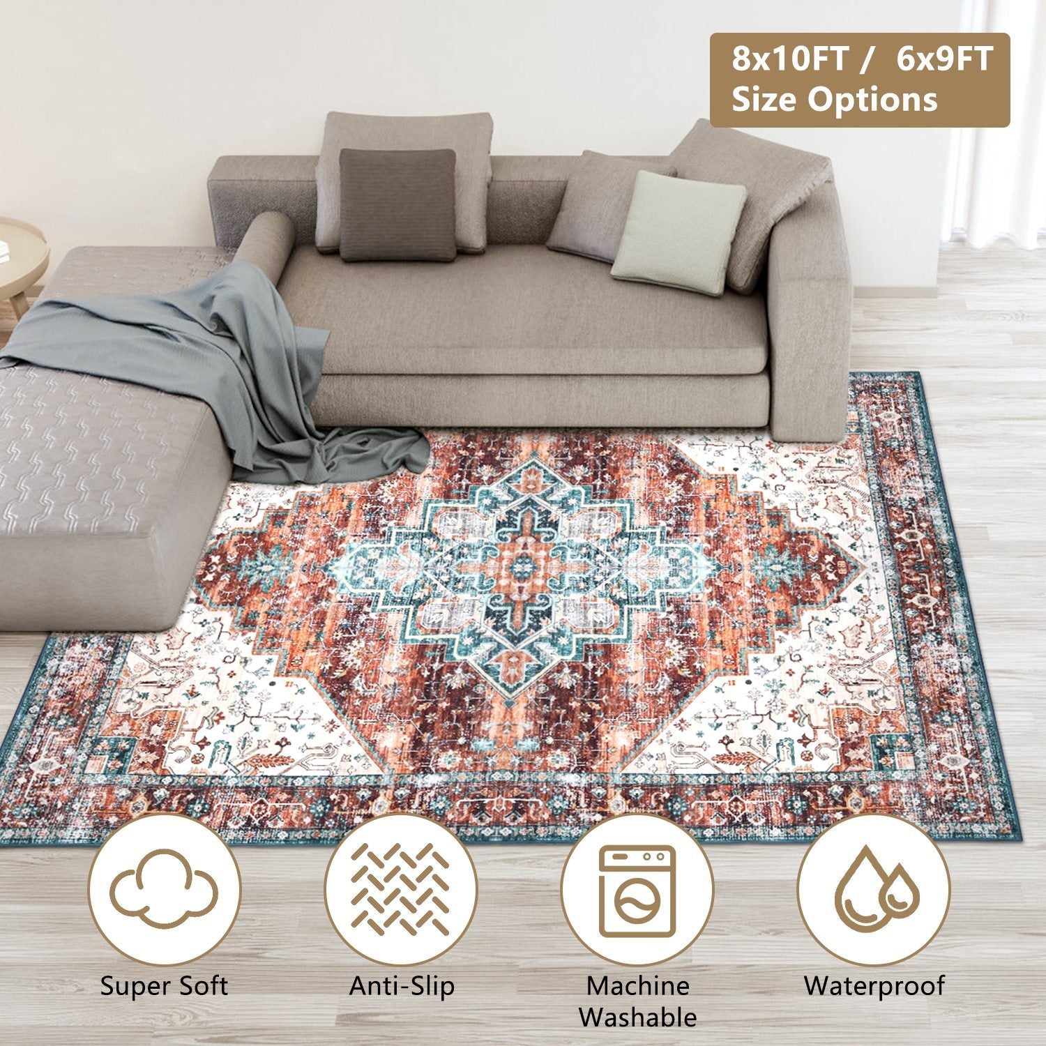 6x9FT VintageÊArea Rug Modern Non Slip Carpet Boho Low Pile Soft Rug Waterproof Machine Washable Rug for Living Room BedroomÊKitchen Dining Room Under