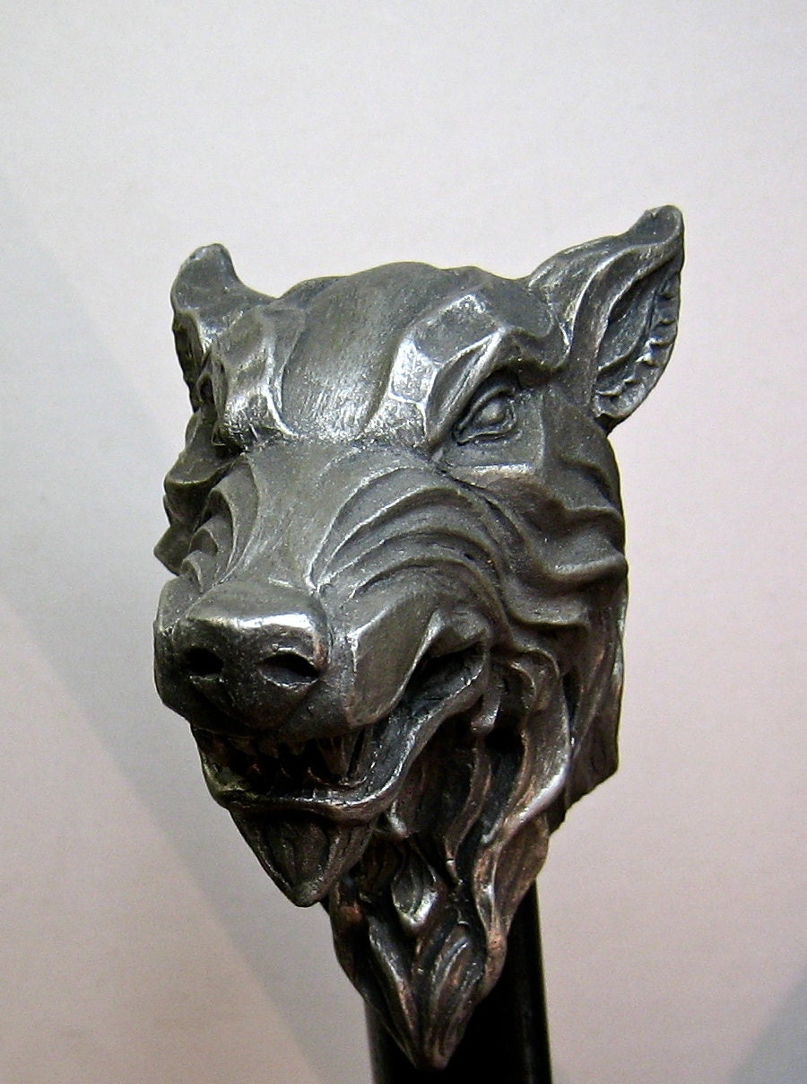Wolf Head Cane, Hand Sculpted Walking Stick | Medieval Gothic Cane | Fantasy Cosplay Direwolf Cane, Gothic Accessory