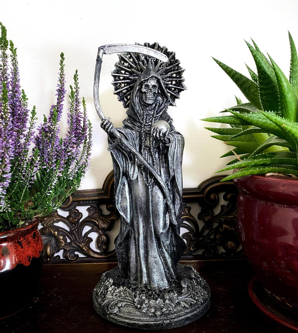 Santa Muerte Statue, Hand Painted Sculpture | Mexican Saint of Death Altar Statue | Gothic Figurine, Dia de los Muertos Decor