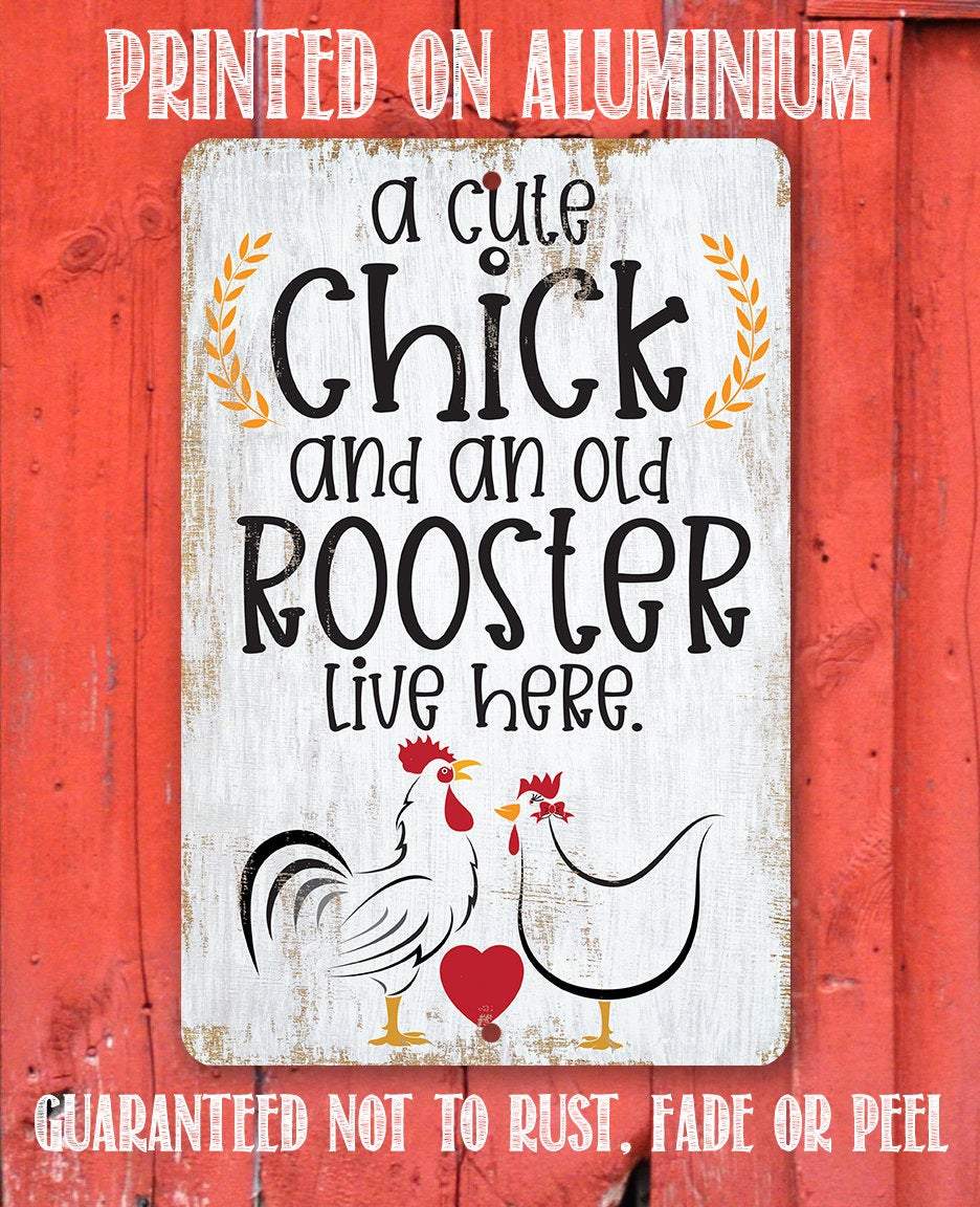 A Cute Chick and an Old Rooster Live Here - Metal Sign