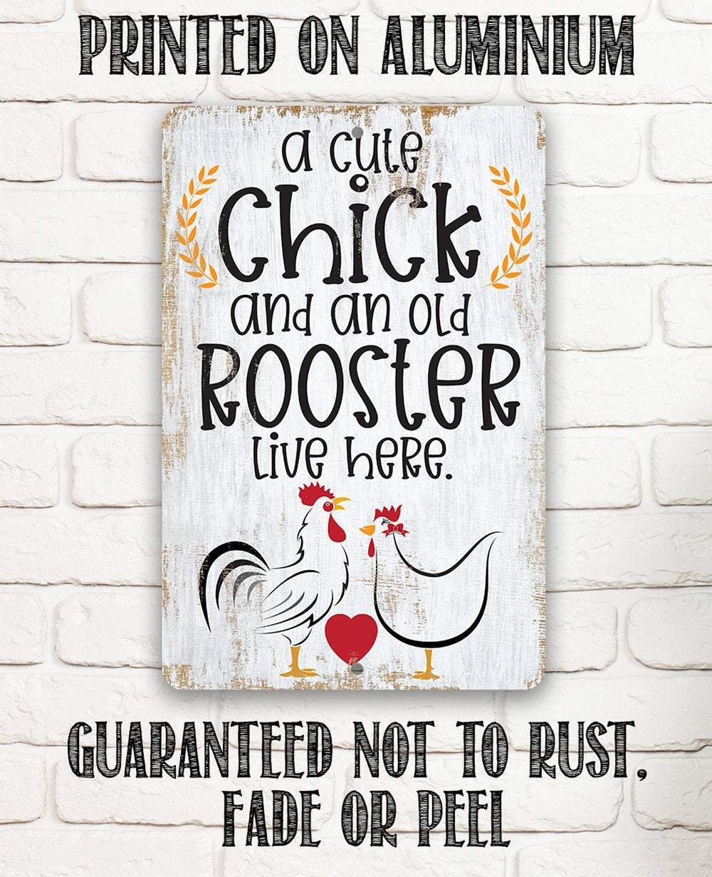 A Cute Chick and an Old Rooster Live Here - Metal Sign