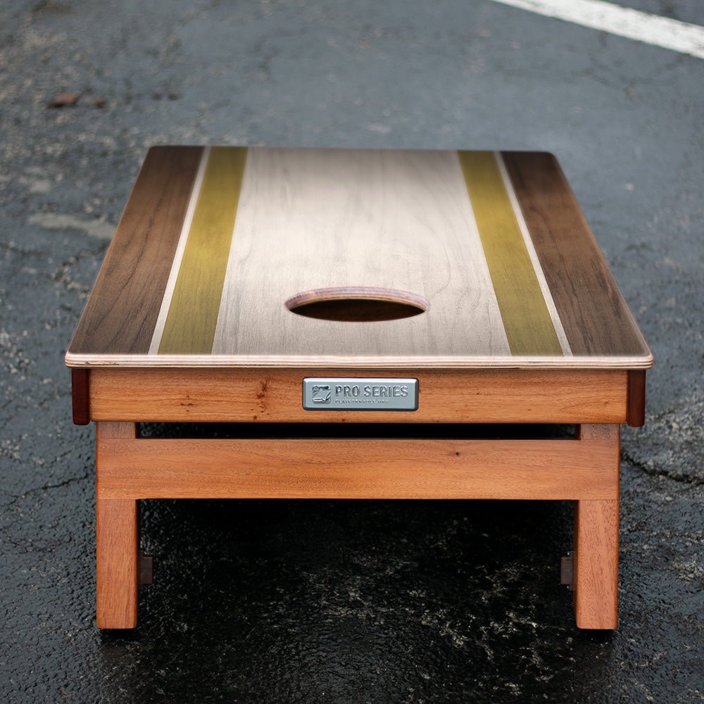 Classic Stripes Dark Wood Ivory and Gold Silver Series Cornhole Boards