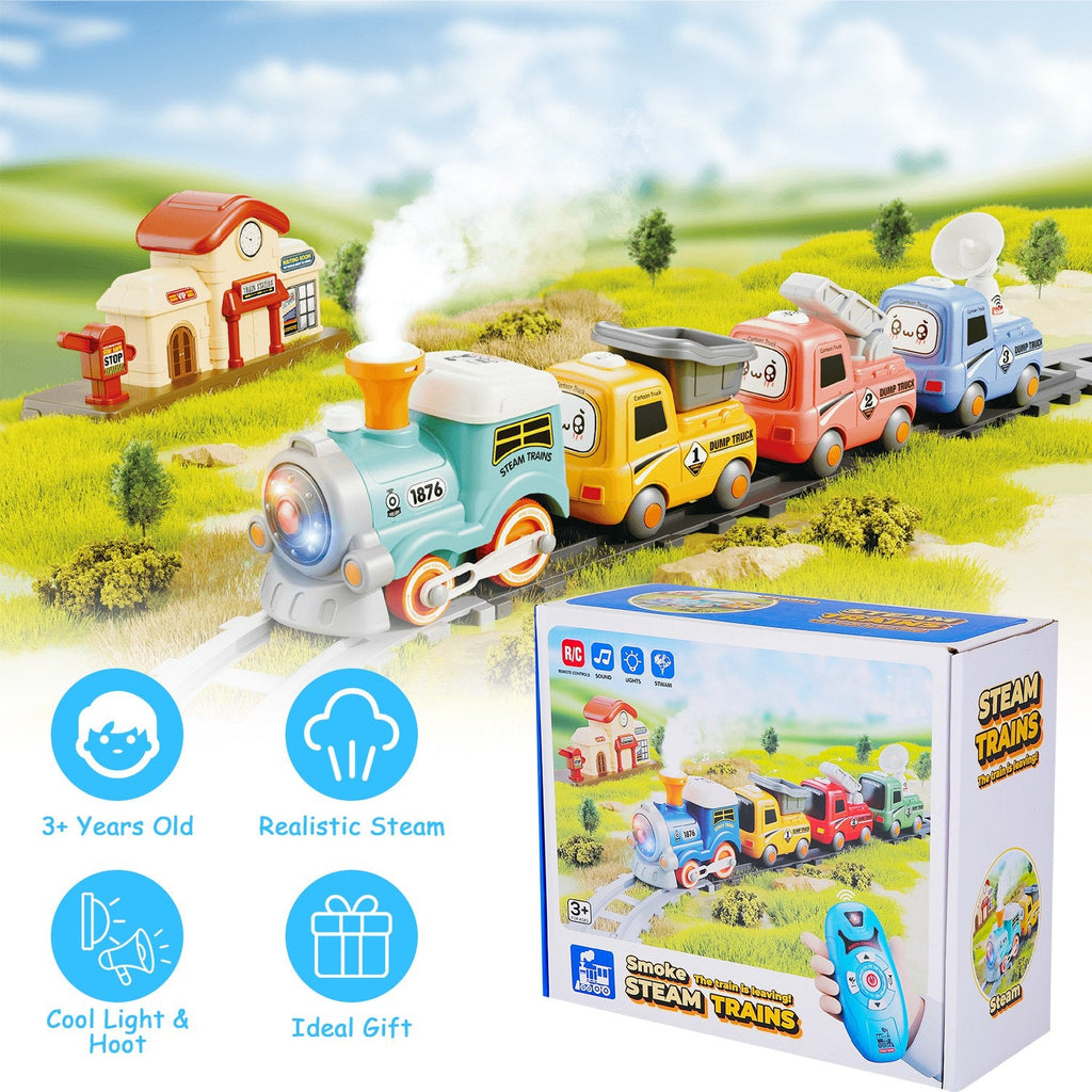 Electric Train Set with Smokes Light Sound Remote Magnetic Train Toys with Locomotive 3 Trucks Gifts for Kids Aged 3 4 5 6 Year Old