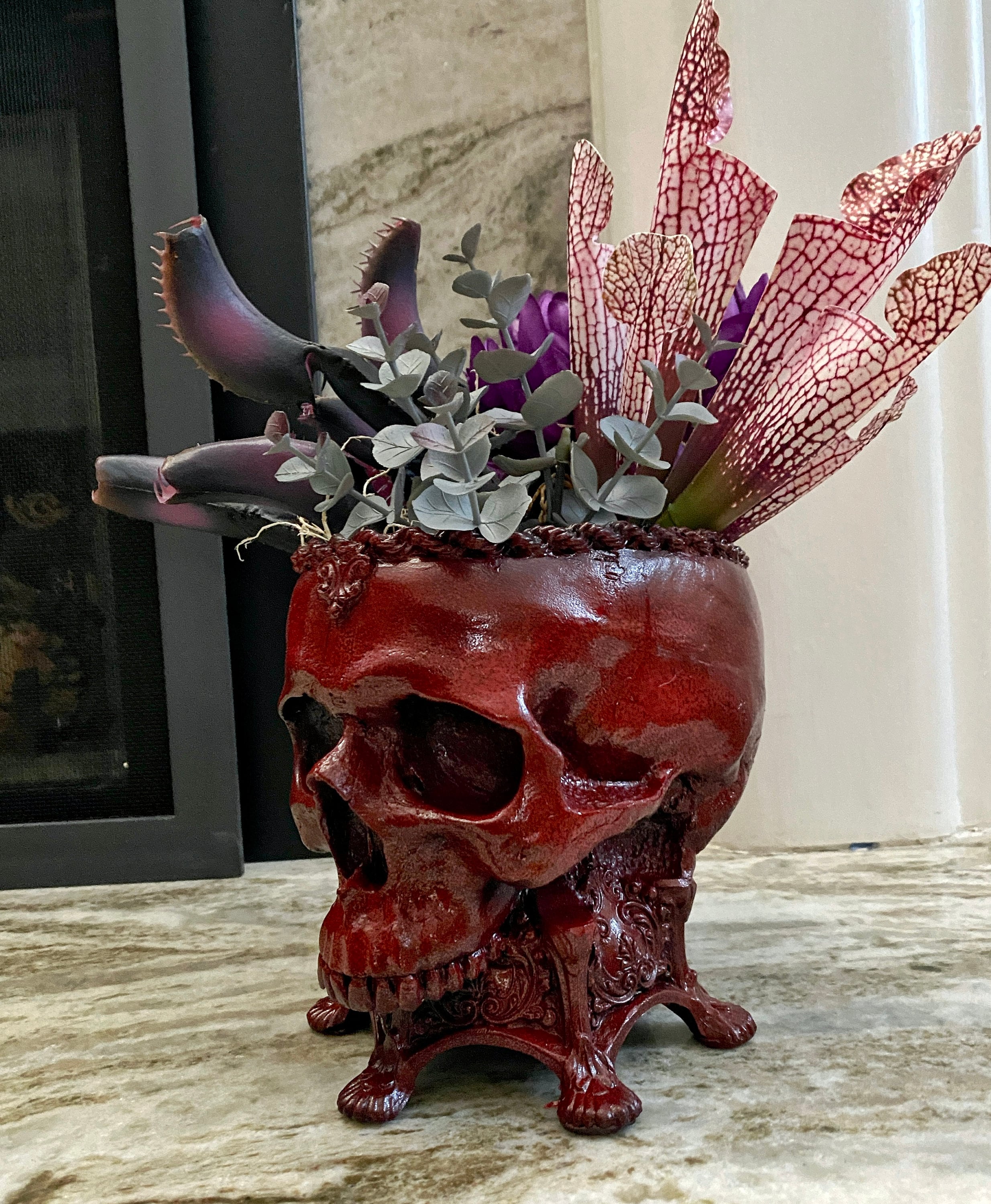Human Skull Planter Blood Red Finish, Hand Painted Resin Sculpture | Unique Gothic Home Decor | Spooky Art Gift and Gothic Home Decor