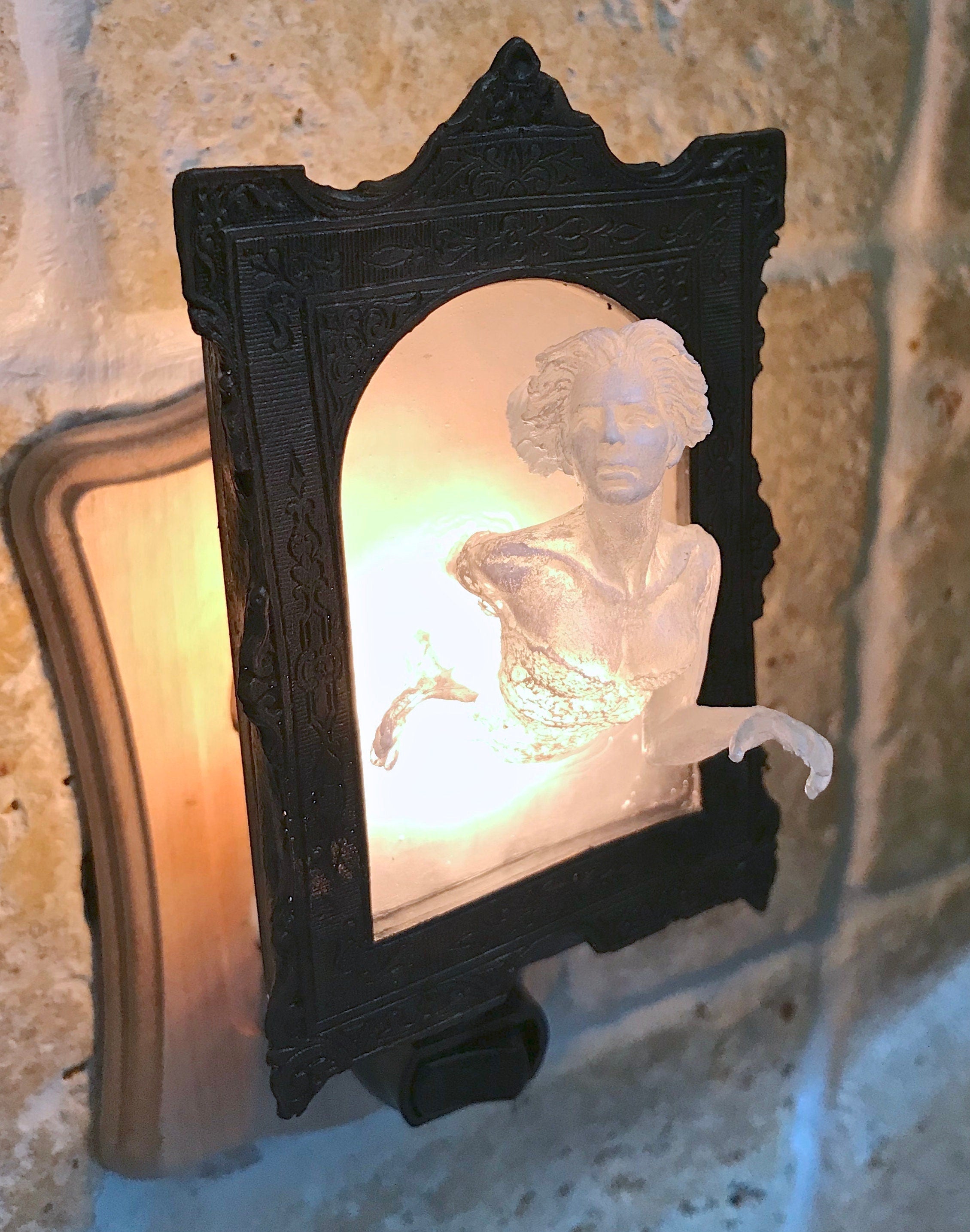 Ghost in the Mirror Nightlight, Hand Painted Resin Sculpture | Victorian Gothic Night Light |  Ghost Lighting for Gothic Spooky Home Decor