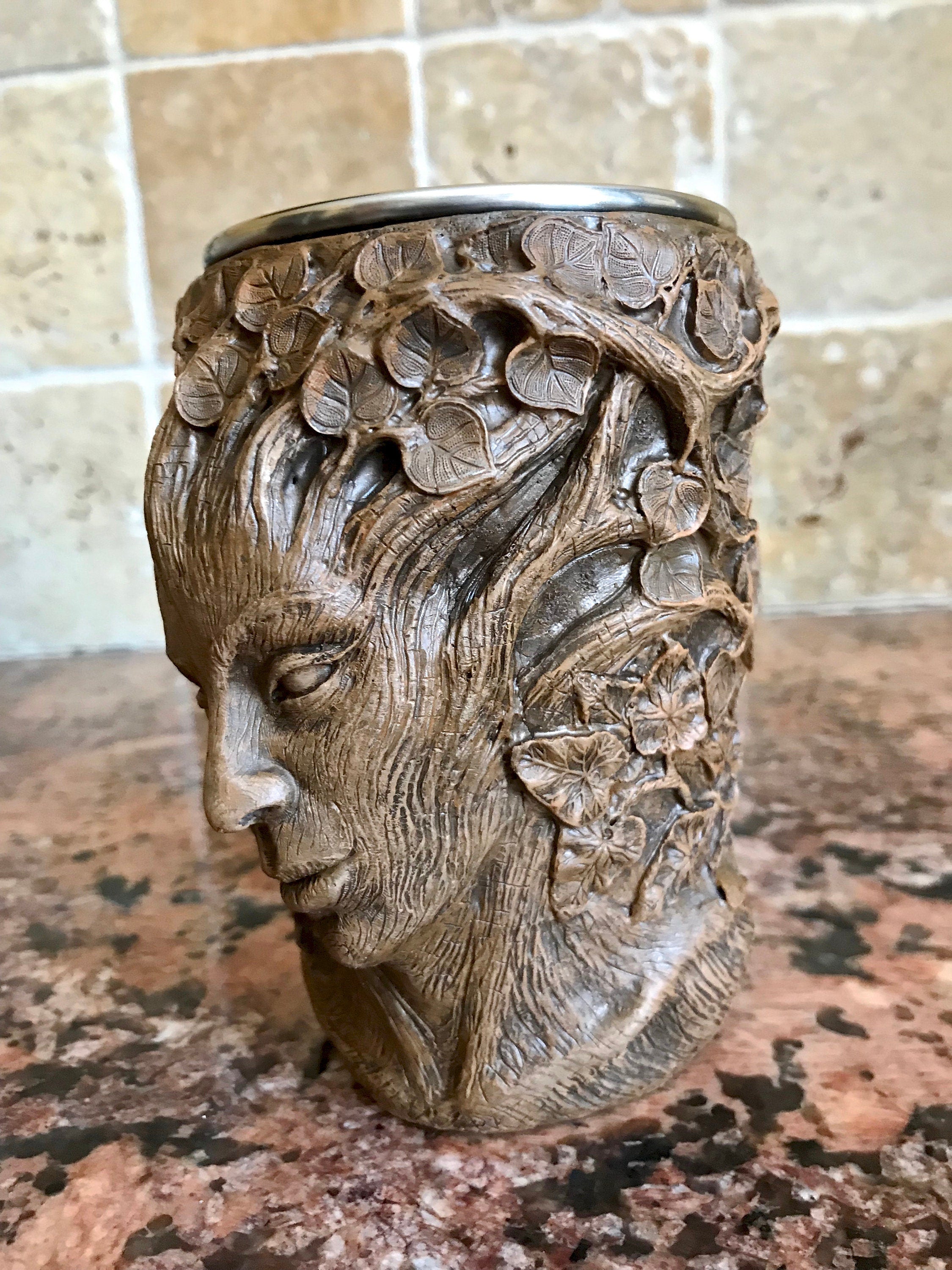 Dryad Mug, Hand Sculpted Resin Earthy Art Mug with Stainless Steel Liner| Fantasy Tree Spirit Mug, Witchy Cup Gift and Gothic Home Decor