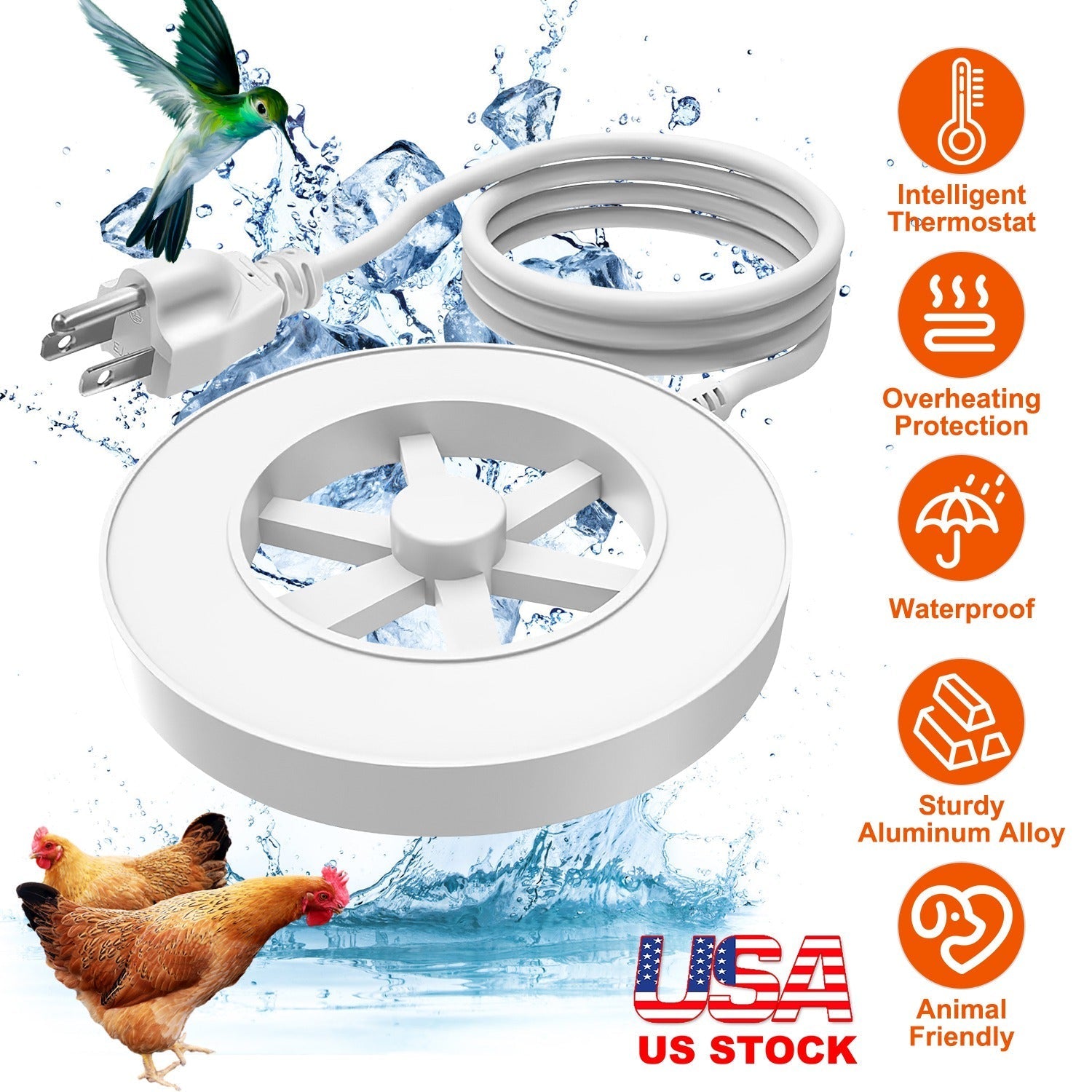 70W Outdoor Bird Bath Heater Winter Deicer with Thermostat, Auto Shutoff & Waterproof Design