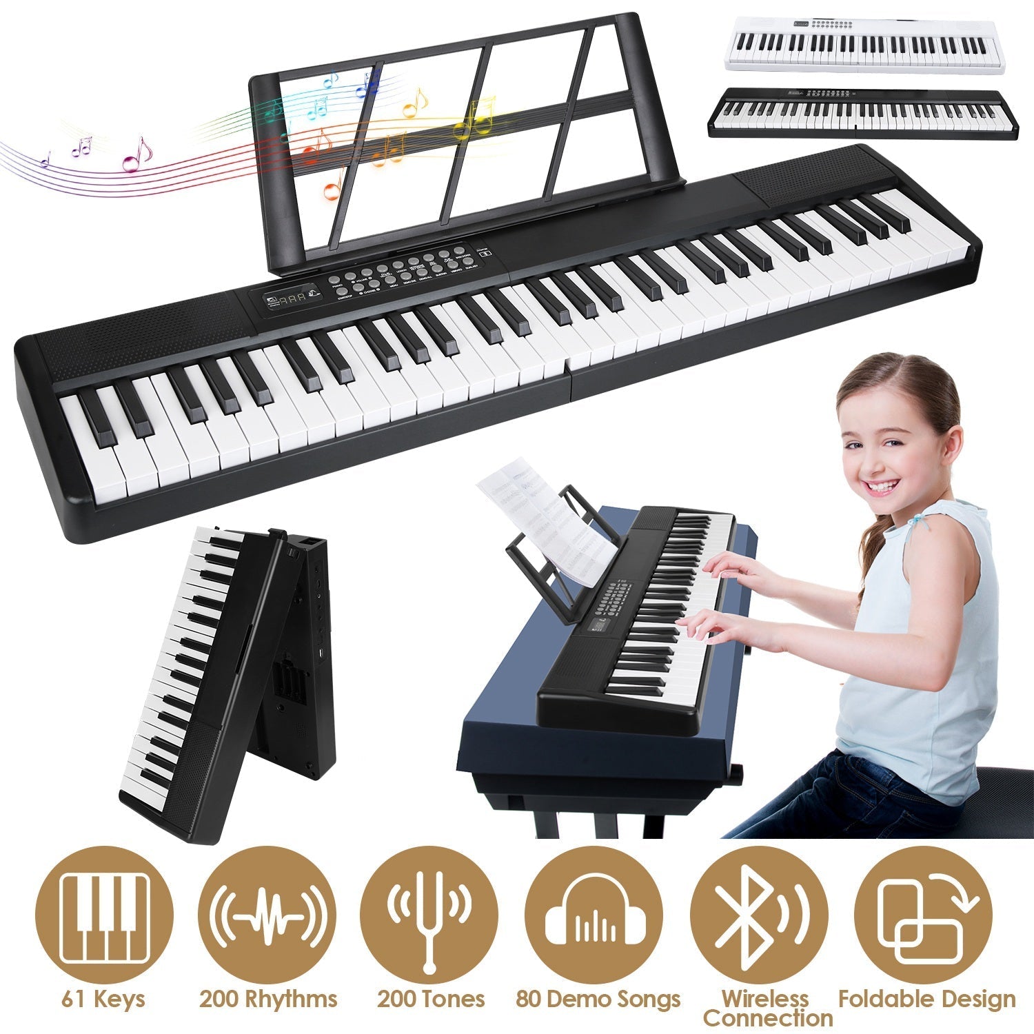 61Keys Foldable Electronic Piano Keyboard With Micro Audio Sustain Pedal Music Stand Storage Bag Portable Wireless MiDi Connection Keyboard For Beginn