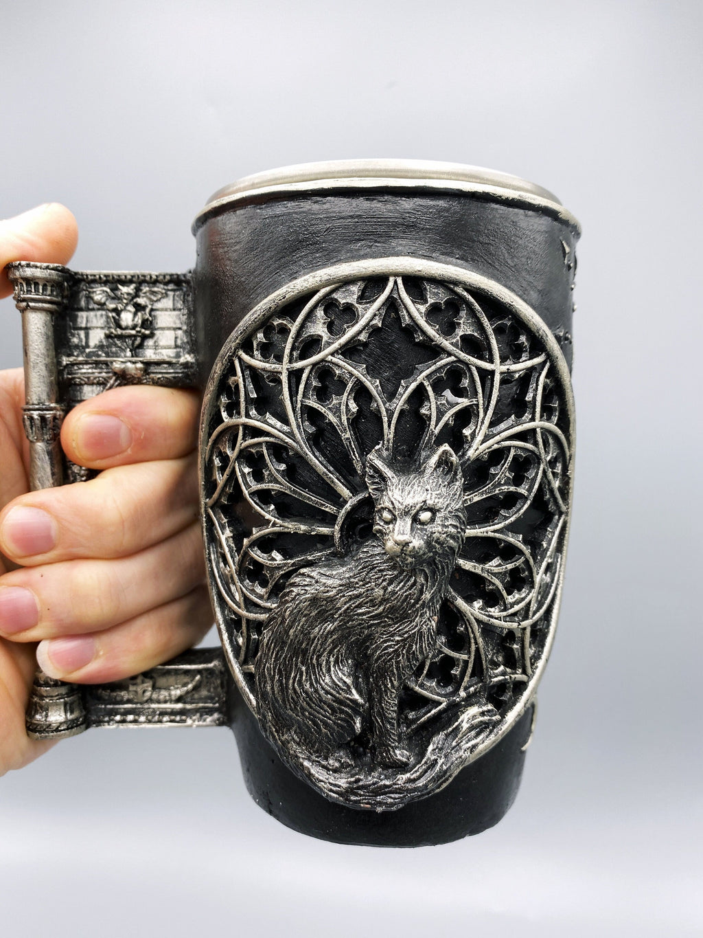 Cat and Gothic Cathedral Window Mug, Hand Sculpted Resin Gothic Art Mug with Stainless Steel Liner| Cat Mug, Halloween Gift and Gothic Decor
