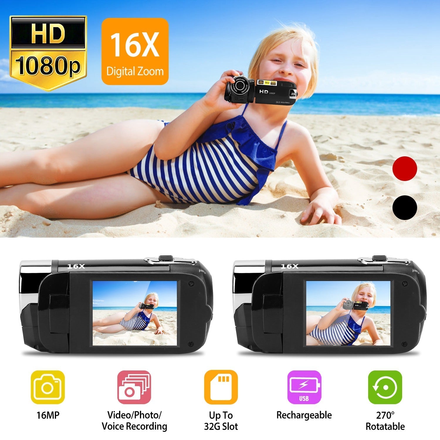 HD 1080P Digital Video Camcorder 2.7in 16X Zoom DV Camera 270¡ Rotation Rechargeable Kid Camera w/Fill Light Selfie