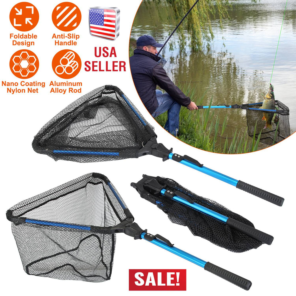 Foldable Fishing Net With Aluminum Alloy Rod EVA Handle Durable 5MM Hexagonal Nano Coating Nylon Mesh Collapsible Landing Net Safe Fish Catching or Re