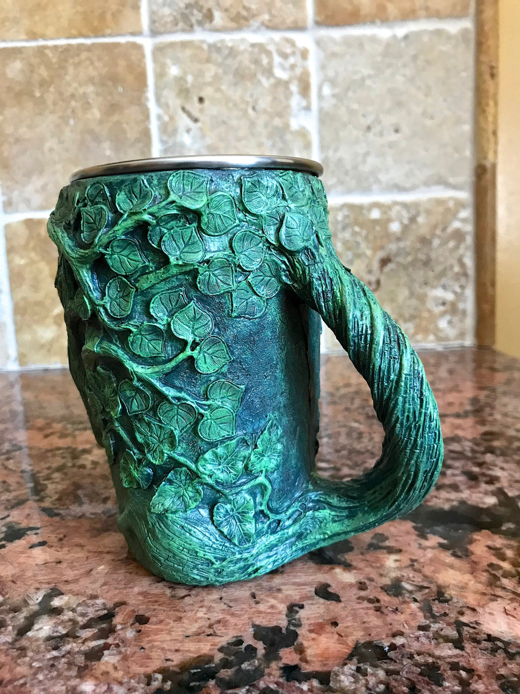 Dryad Mug, Green Hand Sculpted Resin Art Mug with Stainless Steel Liner| Fantasy Tree Spirit Mug, Witchy Cup Gift and Gothic Home Decor