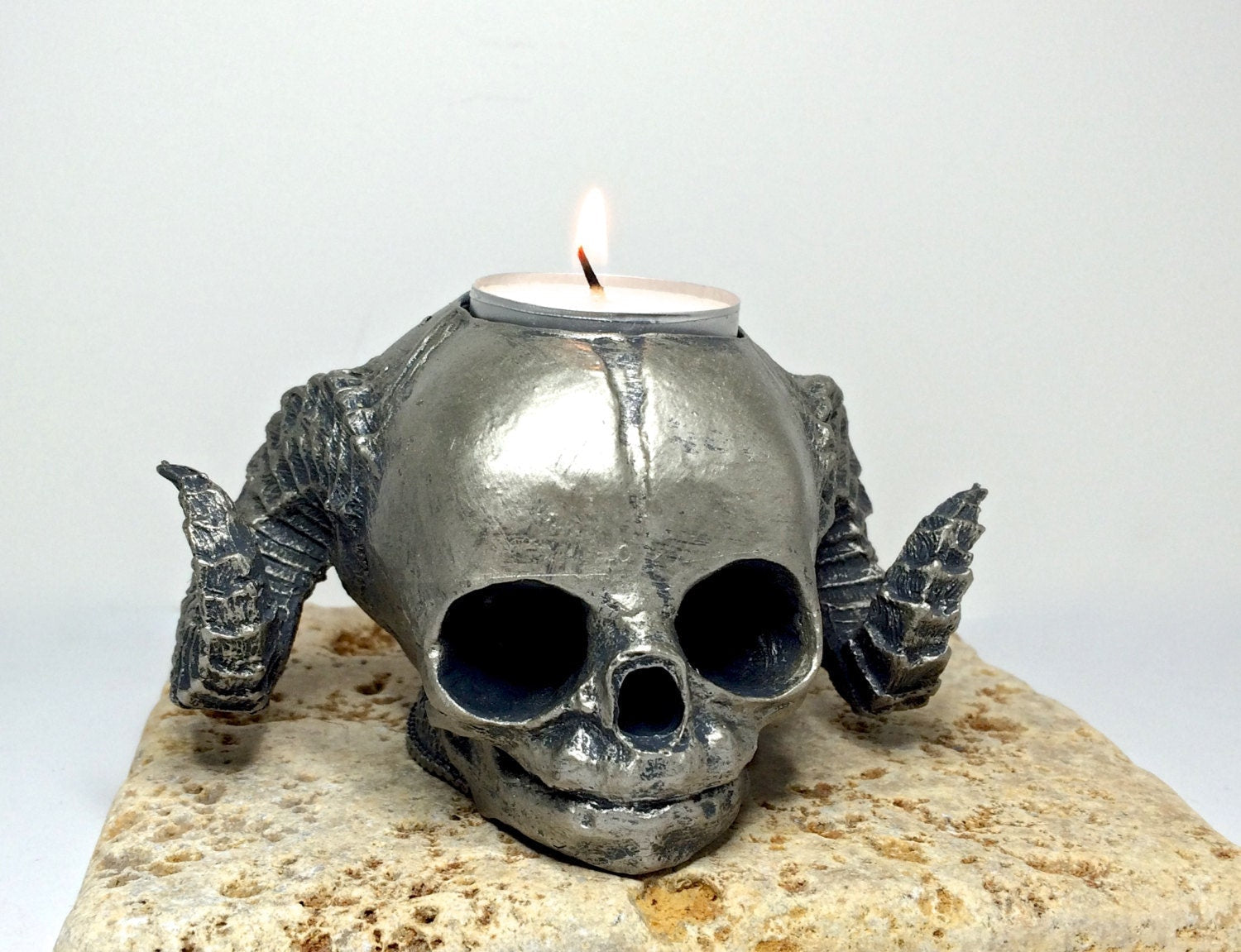 Satyr Fetal Skull Tea Light Holder, Hand Sculpted Resin Sculpture |Spooky Gothic Demon Skull Candle for Halloween Gift and Gothic Home Decor