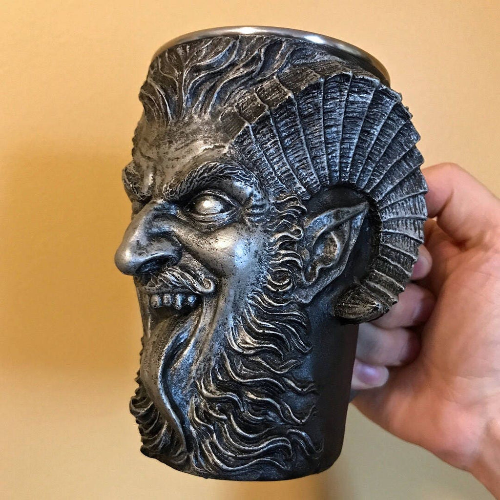 Krampus Mug, Pewter Finish | Hand Sculpted Resin Art Mug with Steel Liner | Unique Krampus Gift Cup and Gothic Home Decor