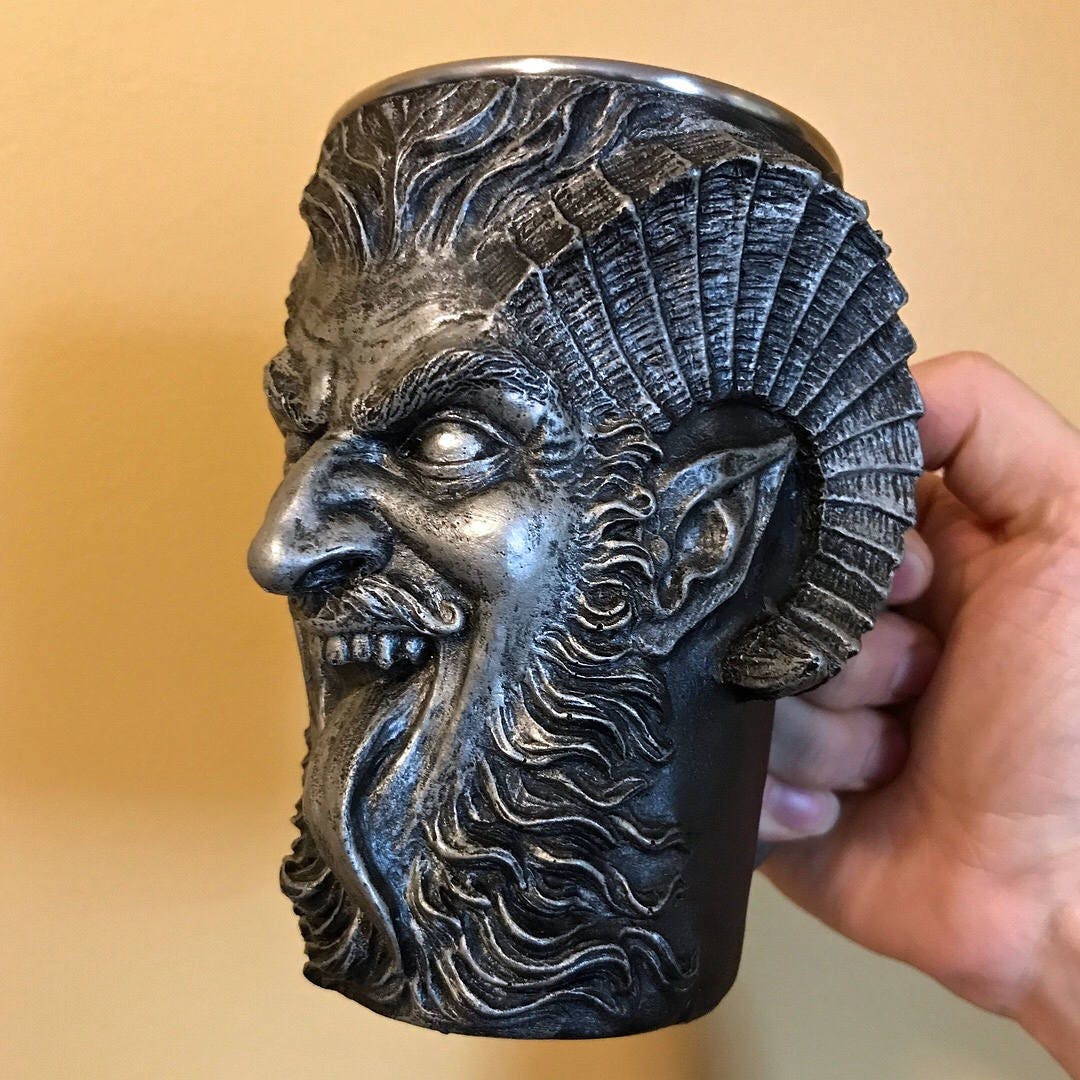 Krampus Mug, Pewter Finish | Hand Sculpted Resin Art Mug with Steel Liner | Unique Krampus Gift Cup and Gothic Home Decor