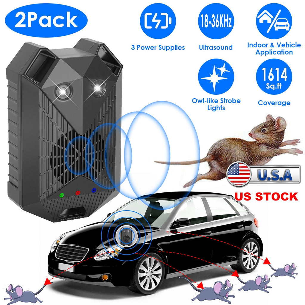 2 Pack Under Hood Ultrasonic Rodent Repeller Rodent Control Deterrent Chaser Blocker for Vehicle Indoor with Strobe Light 3 Power Supplies