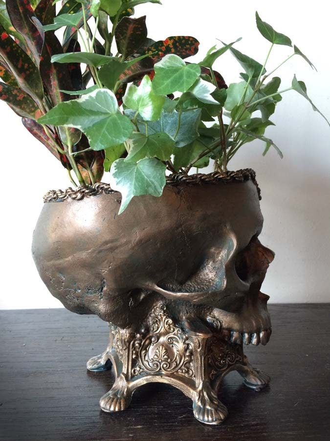 Human Skull Planter Bronze Finish, Hand Painted Resin Sculpture | Unique Gothic Home Decor | Spooky Art Gift and Gothic Home Decor