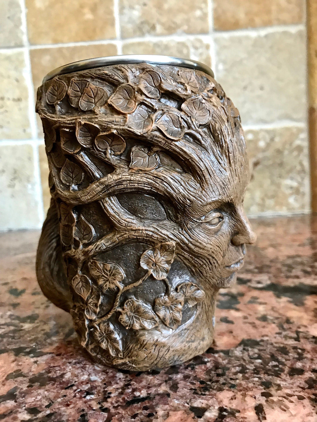 Dryad Mug, Hand Sculpted Resin Earthy Art Mug with Stainless Steel Liner| Fantasy Tree Spirit Mug, Witchy Cup Gift and Gothic Home Decor