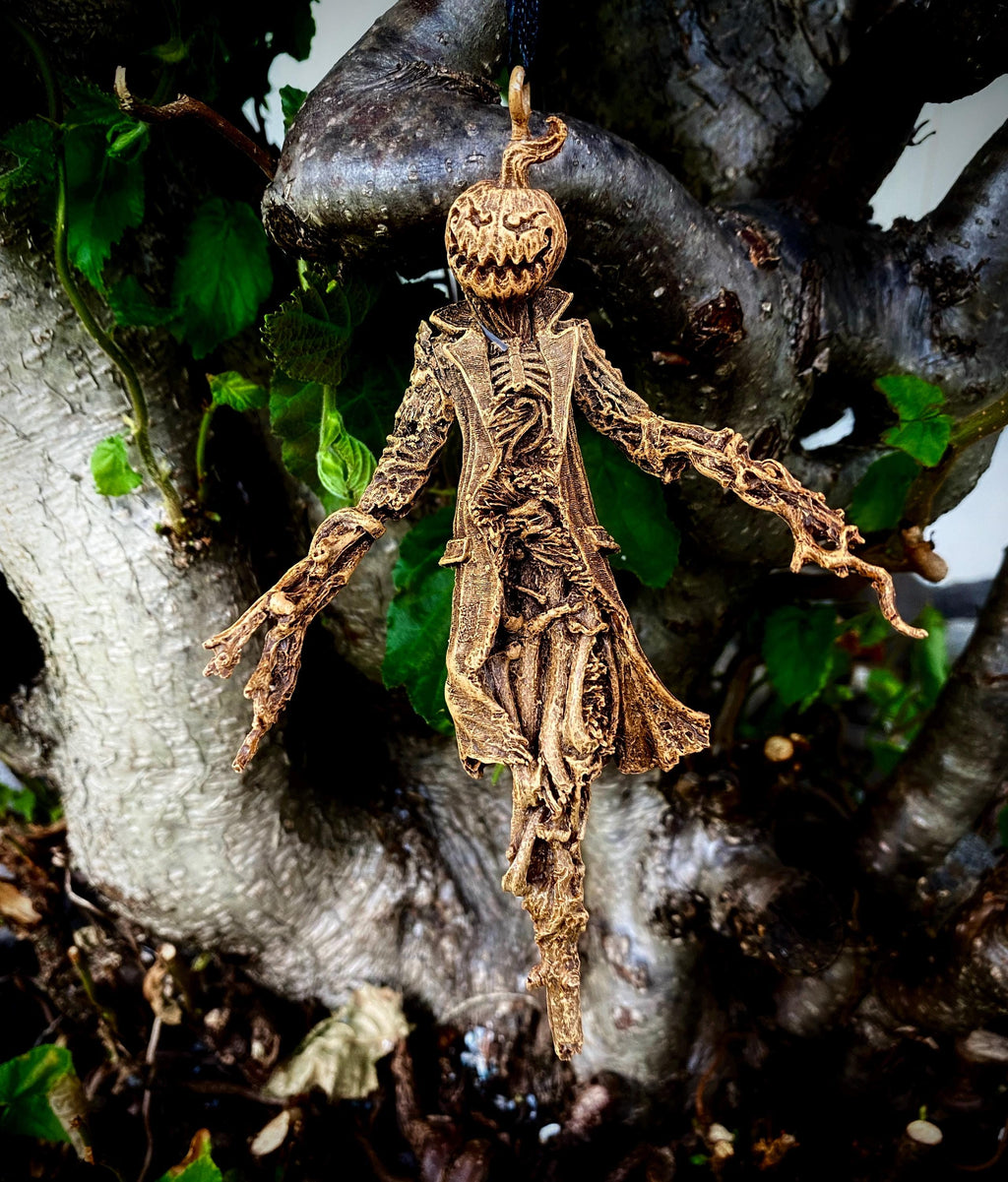 Scarecrow Ornament, Jack O' Lantern Version | Gothic Halloween Nightmare Creature Figurine | Dark Folklore Art for Spooky Holiday Decor