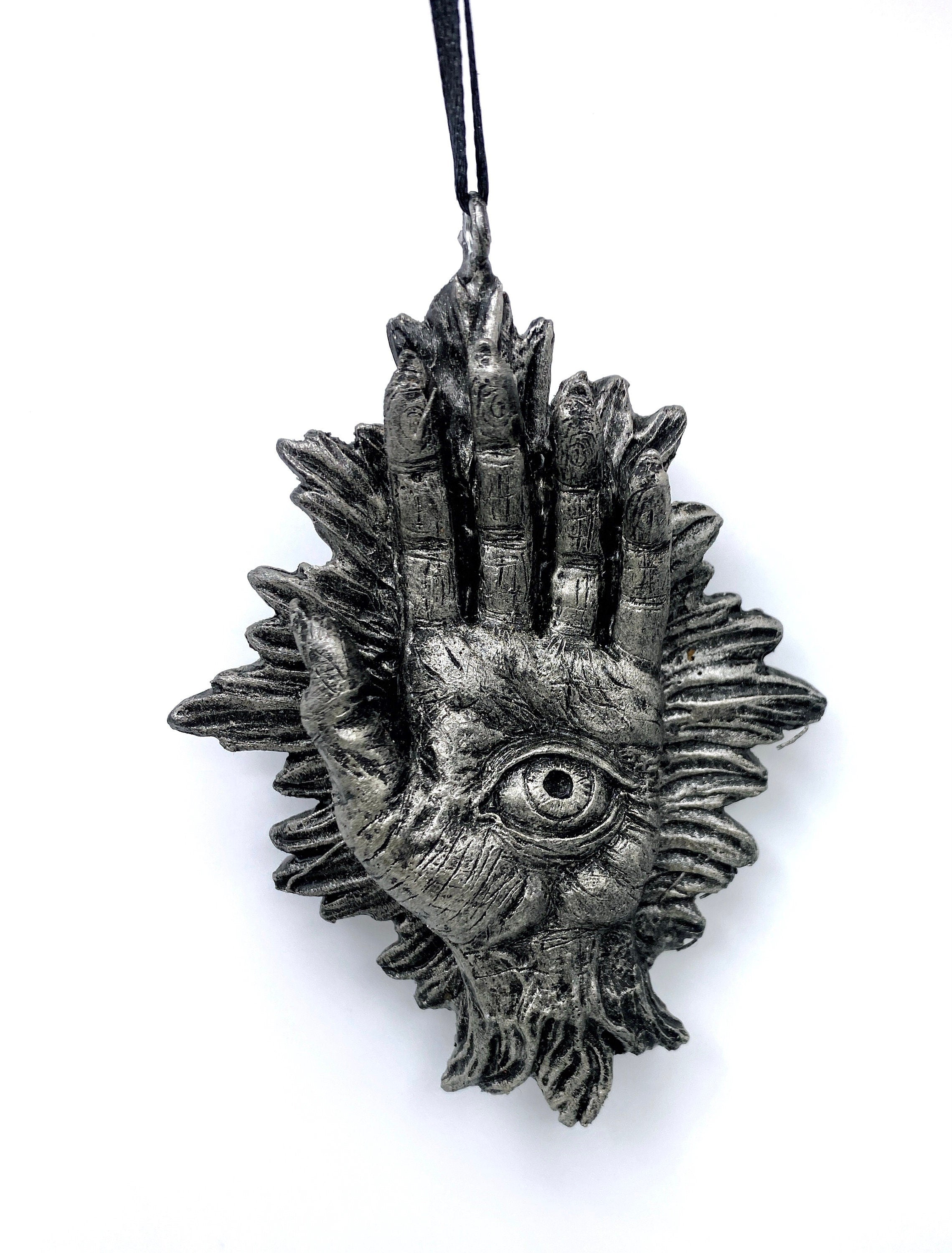 Hand of Protection Relic, Hamsa Ornament, Hand Painted Resin Sculpture |Occult Folklore Figurine | Evil Eye Pagan Ornament for Holiday Decor