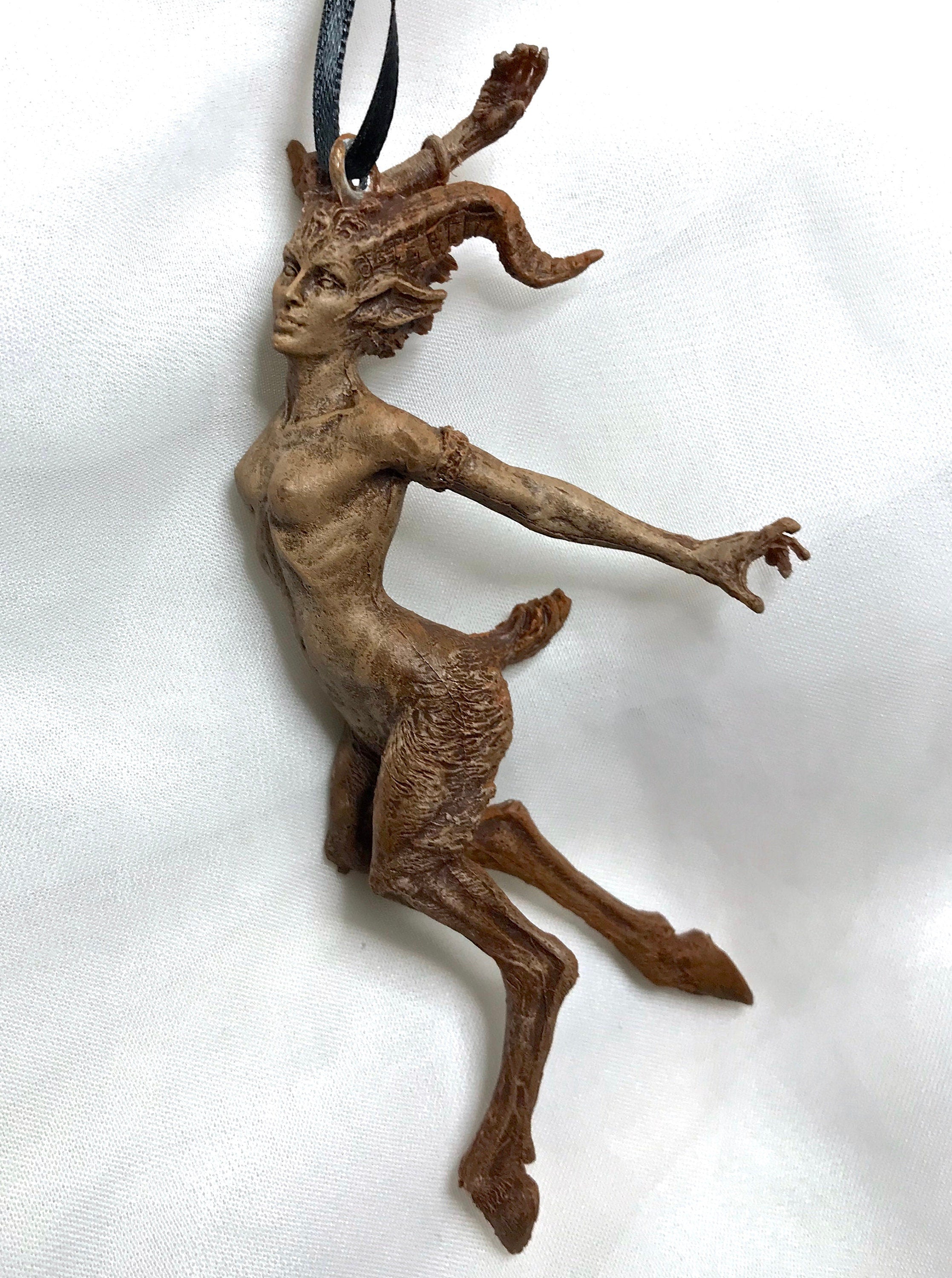 Faun Ornament, Hand Painted Resin Sculpture | Mythical Forest Creature Figurine | Woodland Female Satyr Ornament for Fantasy Art Decor