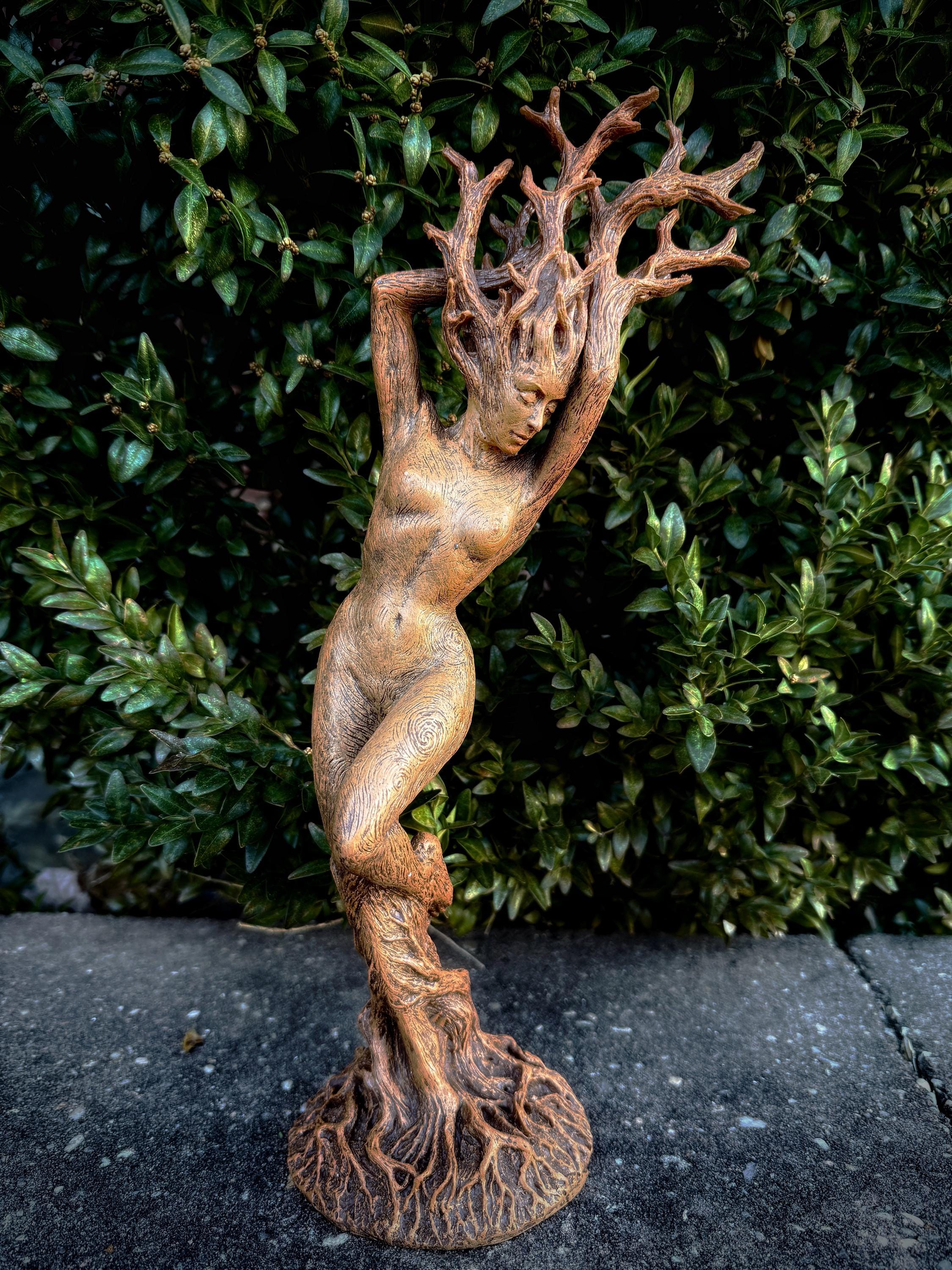 Dryad Statue, Hand Painted Resin Sculpture | Mythical Forest Creature Figurine |14” Woodland Goddess Altar Statue for Fantasy Art Decor
