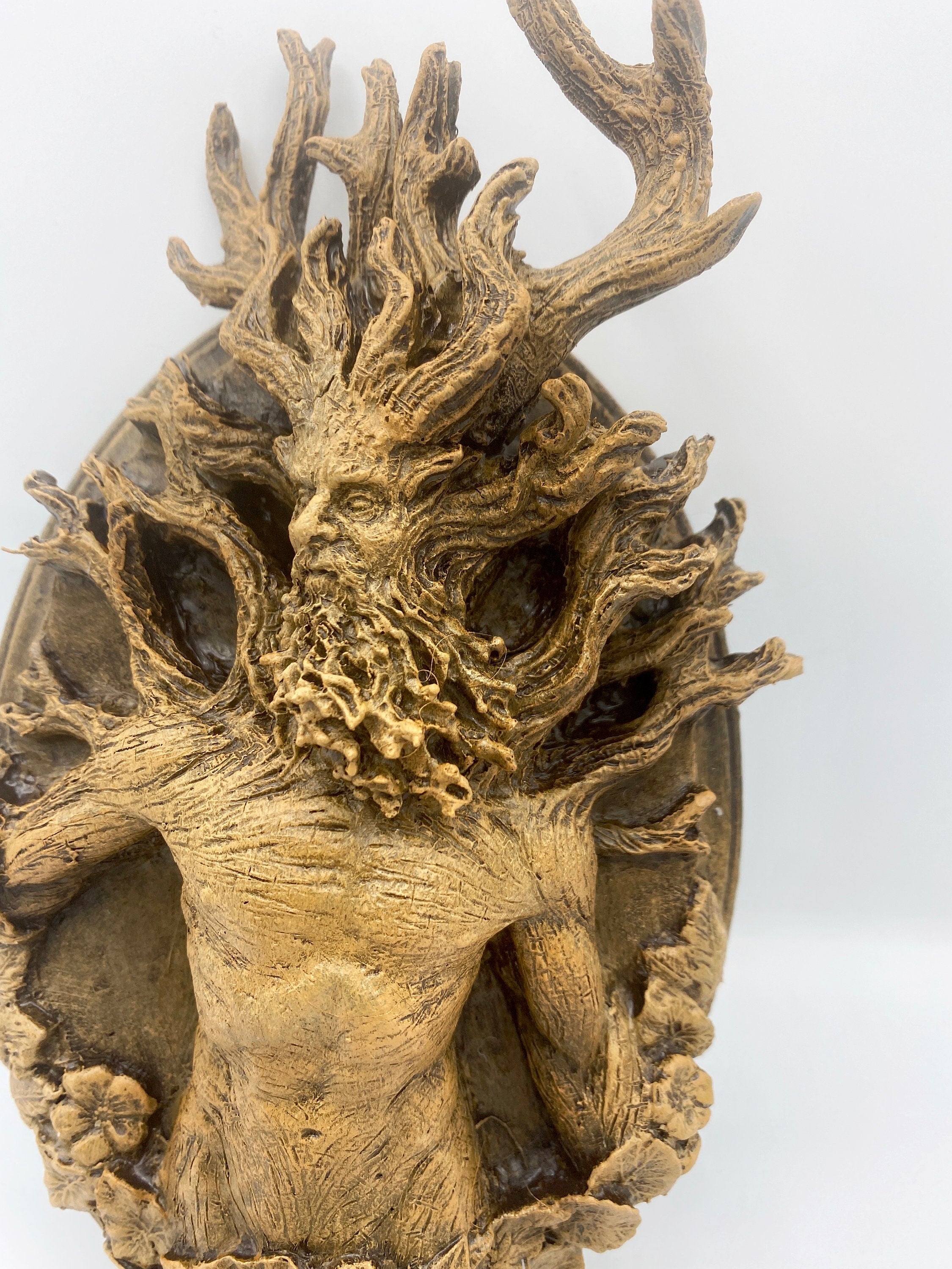 Green Man/ Cernunnos Wall Plaque, Hand Painted Resin Sculpture | Mythic Forest Creature Wall Art |Woodland Ent Wall Plaque for Nature Lovers