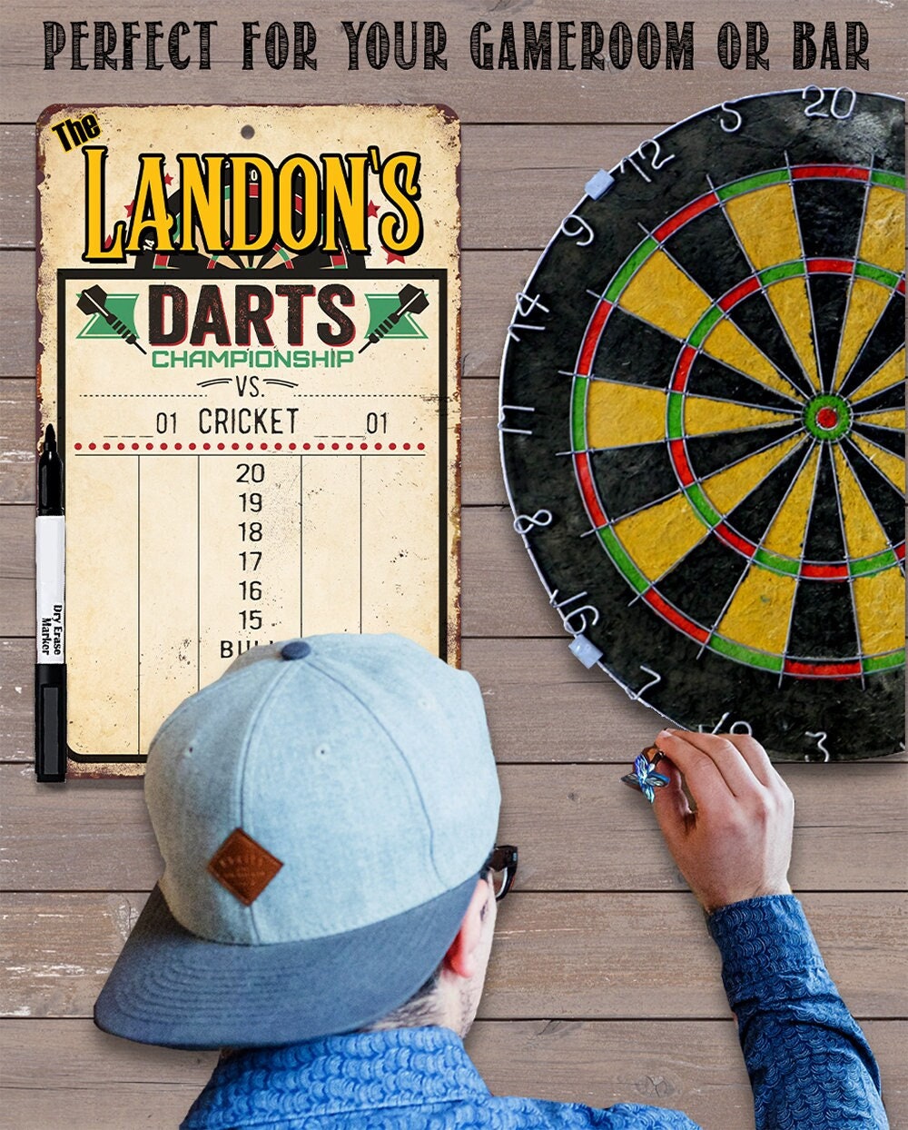 Personalized - Dart Scoreboard Dry Erase for Keeping Score in All Cricket Games, 301 or 501 - Magnetic Dry Erase Marker with Eraser - Metal Sign