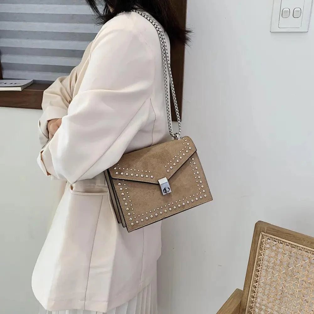 Dazzling Scrub Leather Designer Shoulder Bags For Women And Girls Luxury Chain Rivet Crossbody Bag - Female Small Handbags