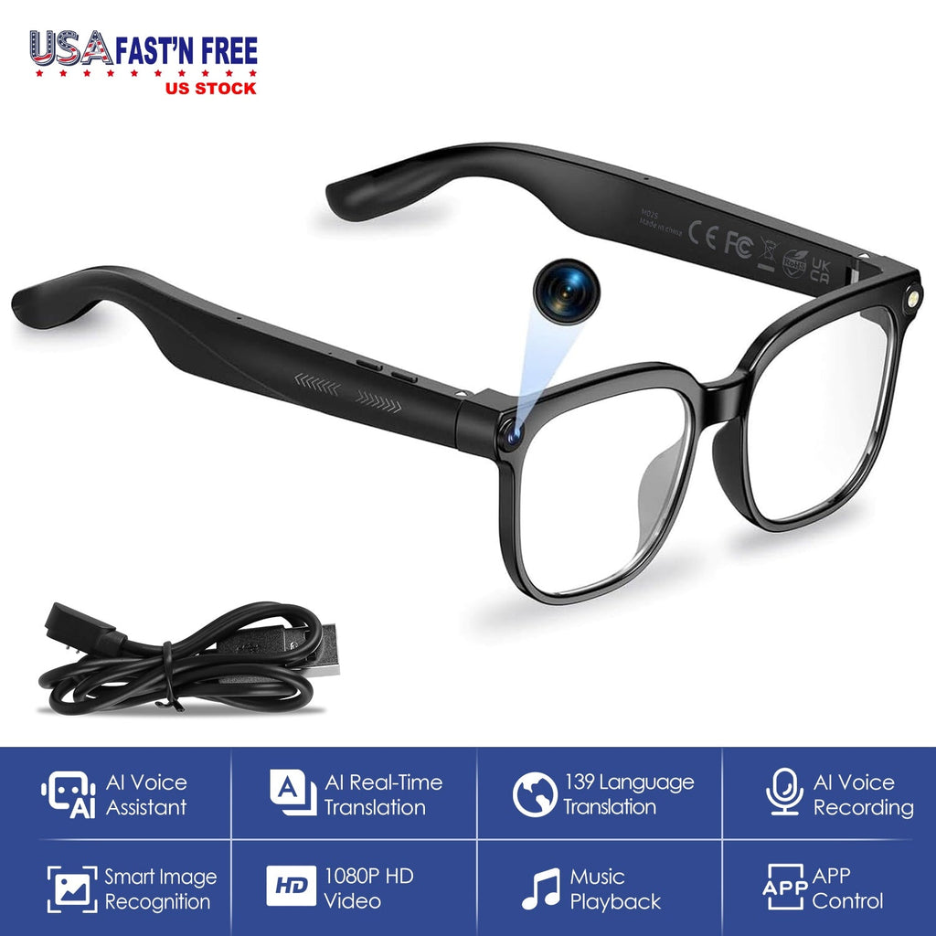 AI Smart Glasses Video Recording Sunglasses with Camera and Audio 8MP HD1080P Real Time Translation 139 Languages Voice Assistant AI Photo Recognition