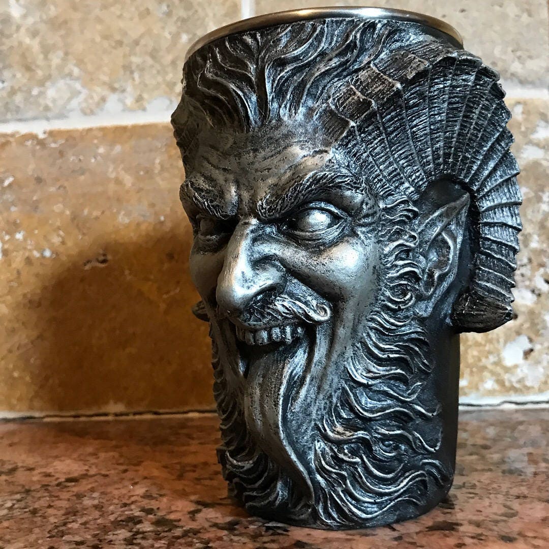 Krampus Mug, Pewter Finish | Hand Sculpted Resin Art Mug with Steel Liner | Unique Krampus Gift Cup and Gothic Home Decor
