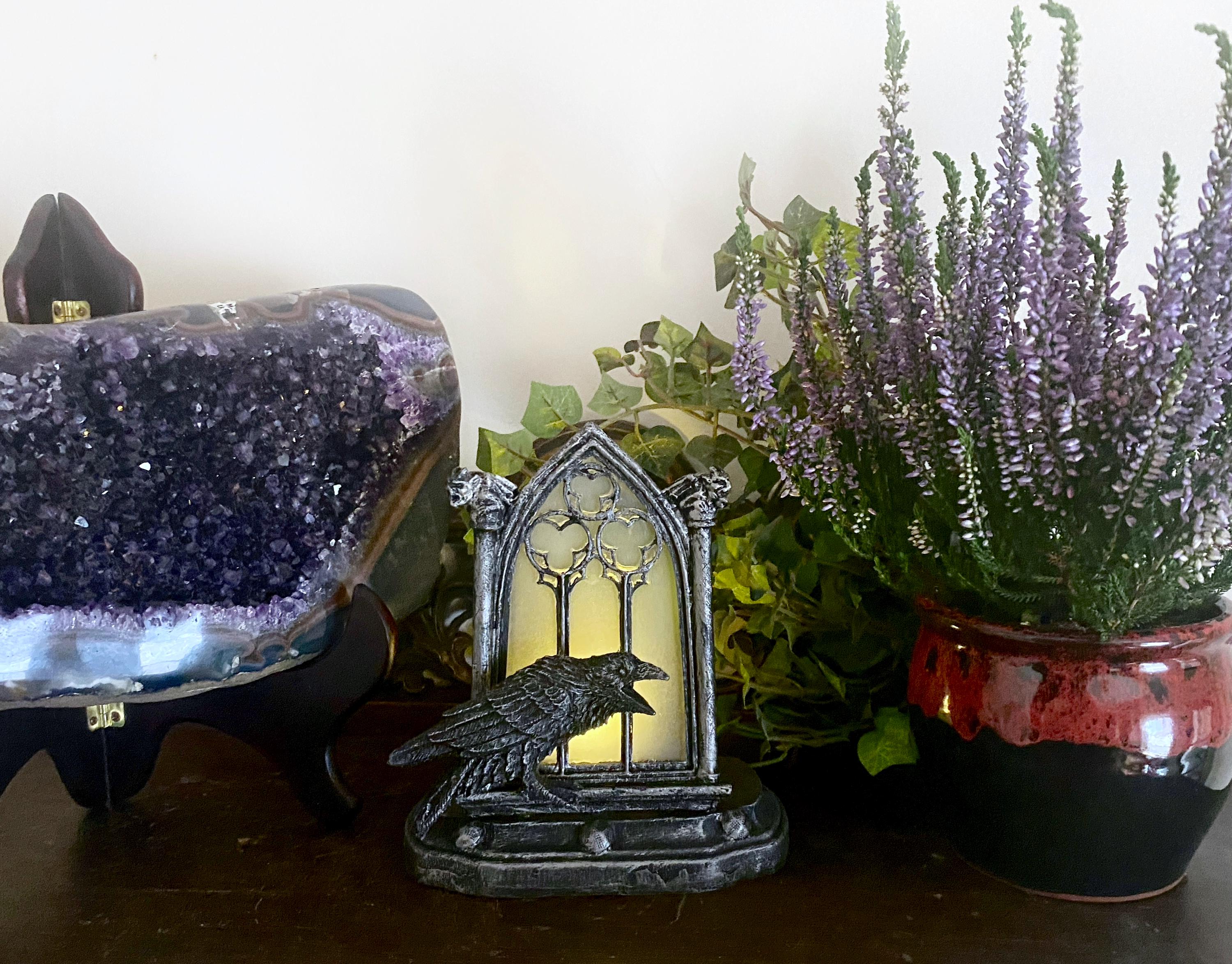 Raven and Window Tea Light, Hand Painted Resin Sculpture | Medieval Gothic Night Light | Poe’s Raven Lighting for Gothic Fantasy Home Decor