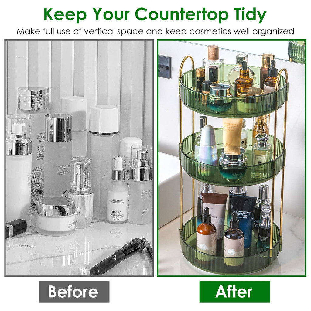 3 Tier Rotating Makeup Organizer 360¡ Spinning Perfume Cosmetic Storage Tray 55LBS Load Countertop Shelves for Lotion Lipstick