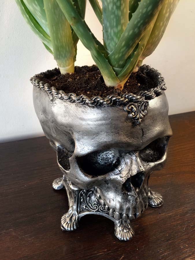 Human Skull Planter Pewter Finish, Hand Painted Resin Sculpture | Unique Gothic Home Decor | Spooky Art Gift and Gothic Home Decor