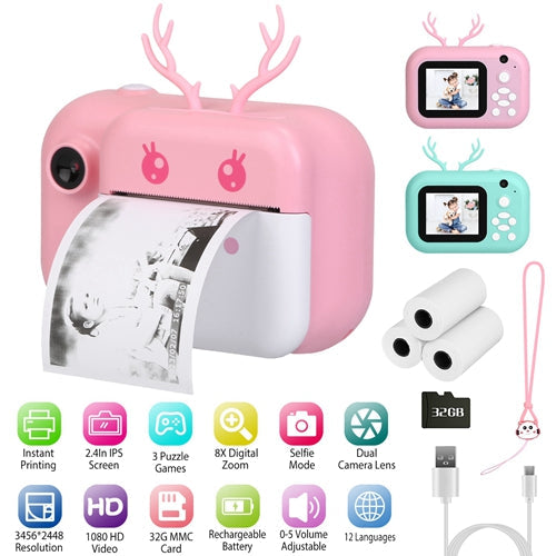 Kids Instant Print Camera 2.4in Digital Zero Ink Selfie Camera 1080P HD Video Recorder Toddler Camera with Dual Lens 3 Roll Print Papers Cute Stickers