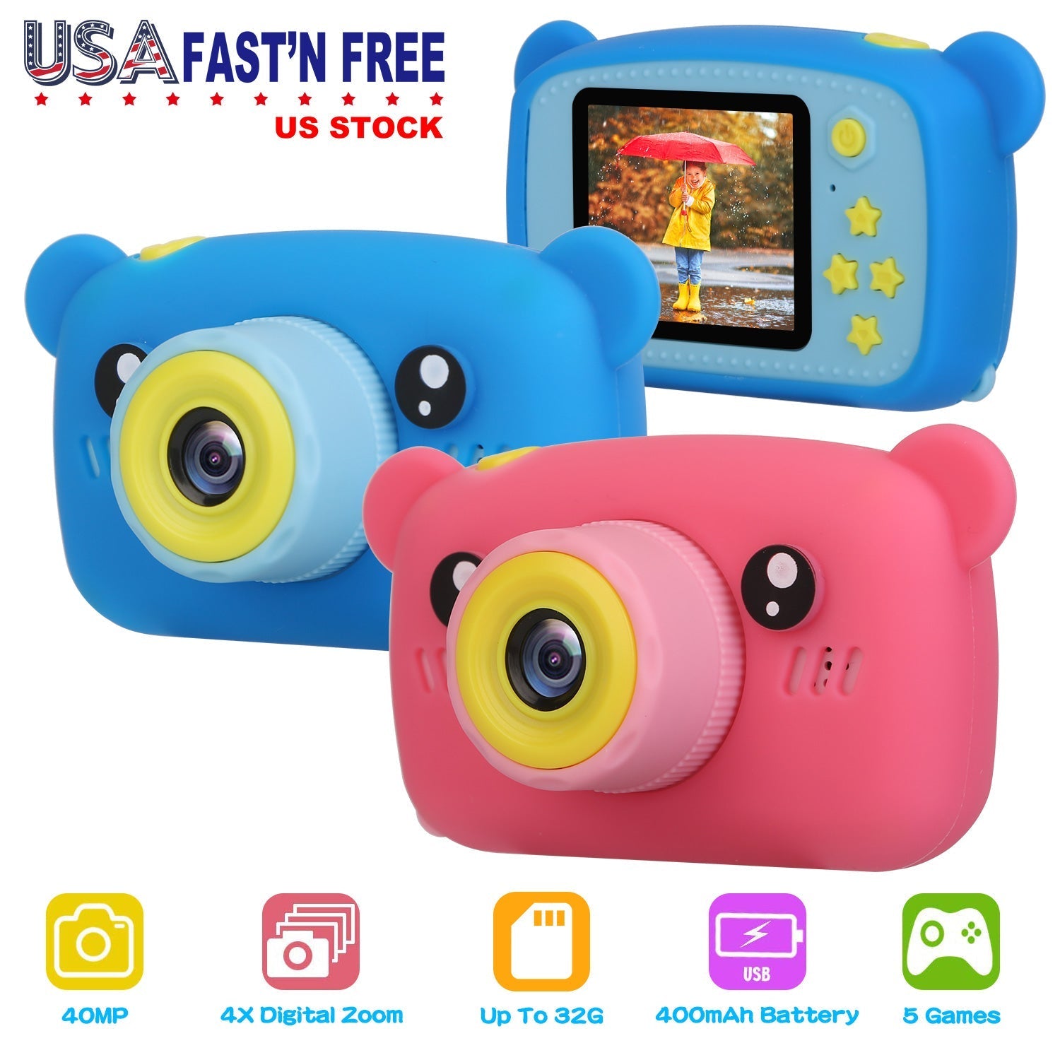 Kids Digital Camera Child Video Camera Children Camcorder Christmas Toy Birthday Gifts with 2.0in Screen 4X Digital Zoom 5 Games 32G MMC Card for 3-10