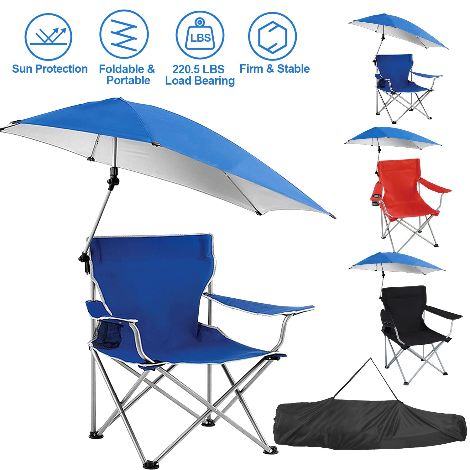 Foldable Beach Chair with Detachable Umbrella Armrest Adjustable Canopy Stool with Cup Holder Carry Bag for Camping Poolside Travel Picnic Lawn Chair