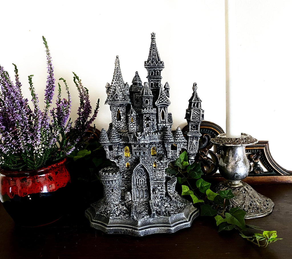 Castle Dracula, Gothic Hand Painted Resin Sculpture with LED Tea Light |Vampire Lair Gothic Statue |Gift for Gamers and Spooky Home Decor