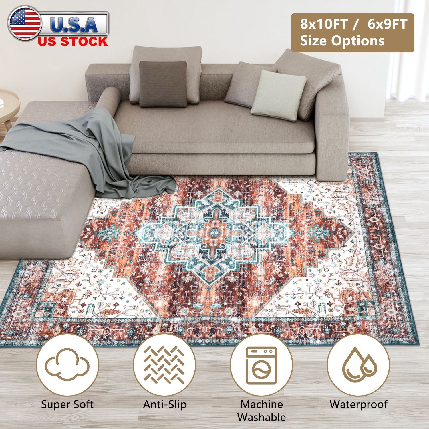 6x9FT VintageÊArea Rug Modern Non Slip Carpet Boho Low Pile Soft Rug Waterproof Machine Washable Rug for Living Room BedroomÊKitchen Dining Room Under