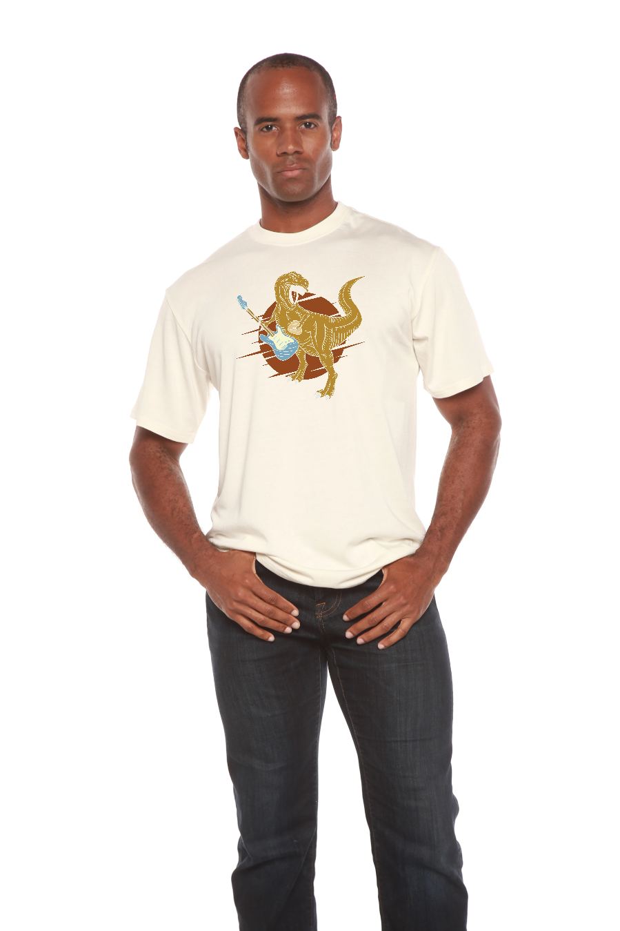 Dinosaur with a guitar Men's Bamboo Viscose/Organic Cotton Short Sleeve Graphic T-Shirt