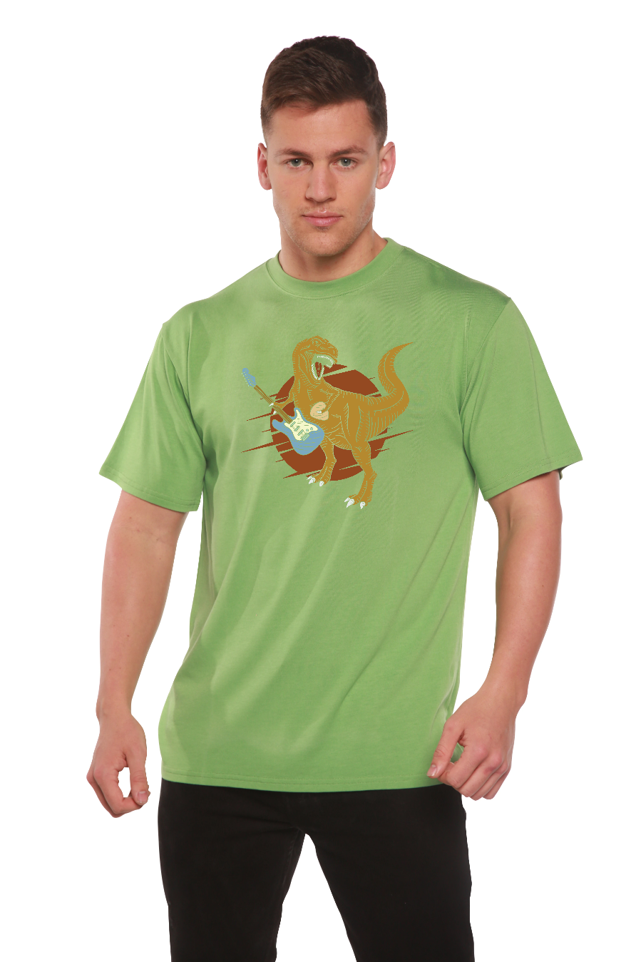 Dinosaur with a guitar Men's Bamboo Viscose/Organic Cotton Short Sleeve Graphic T-Shirt