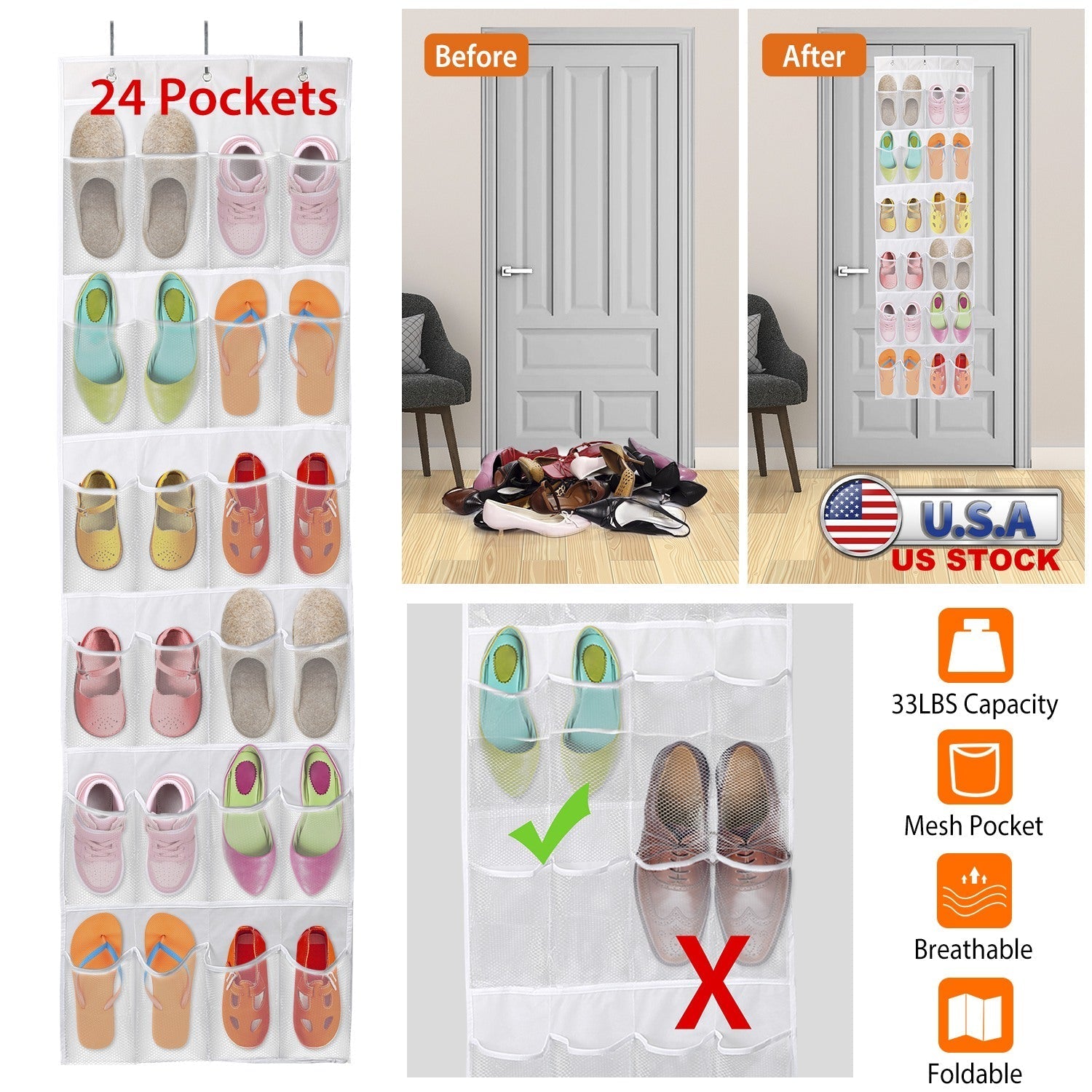 Over the Door Shoes Rack 24-Pocket Crystal Clear Organizer 6-Layer Hanging Storage Shelf for Shoes Slippers Small Toys Closet Cabinet