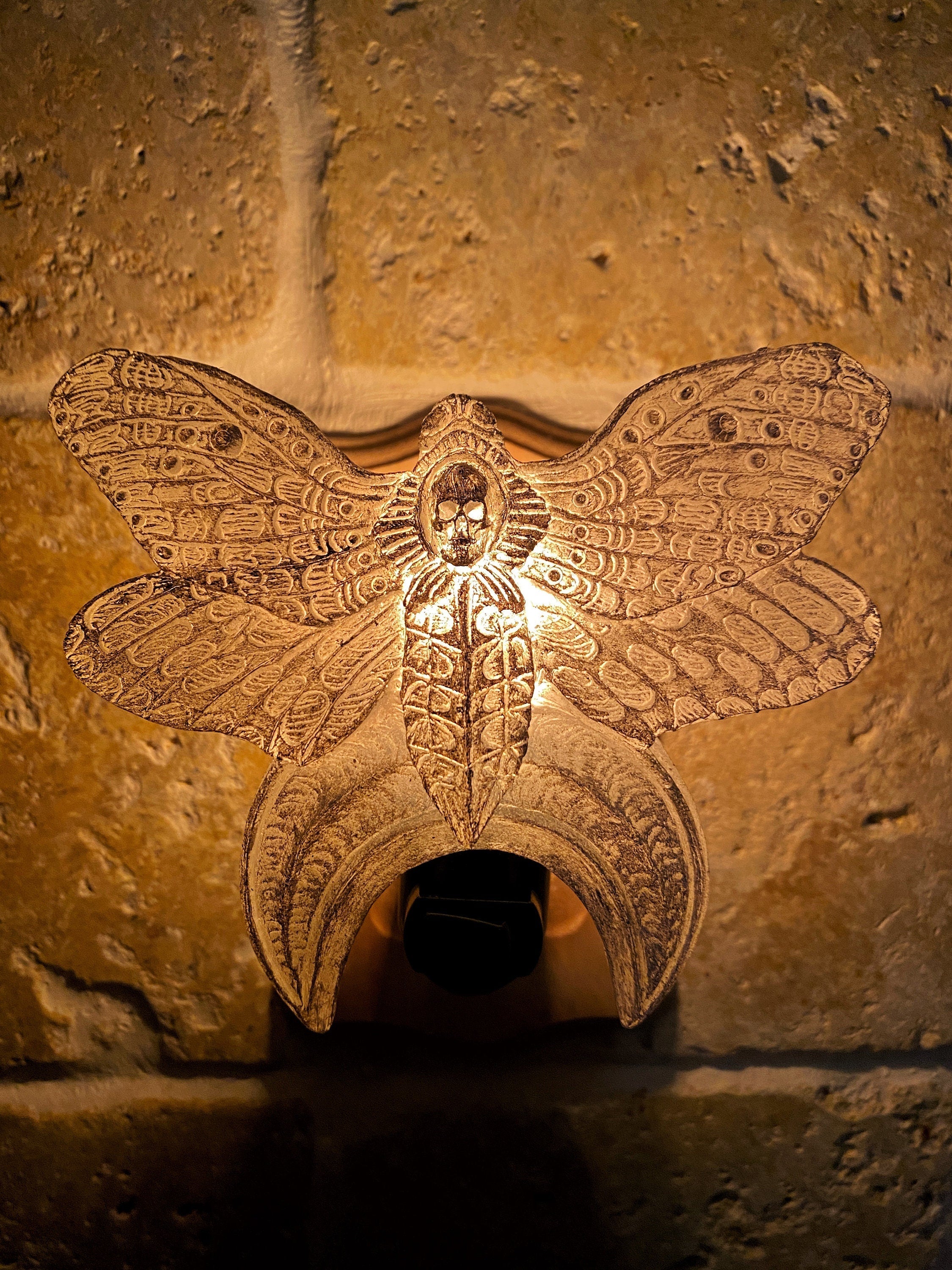 Death's Head Moth Nightlight, Hand Painted Resin Sculpture | Witchy Gothic Night Light |  Moth and Moon Light for Gothic Fantasy Home Decor